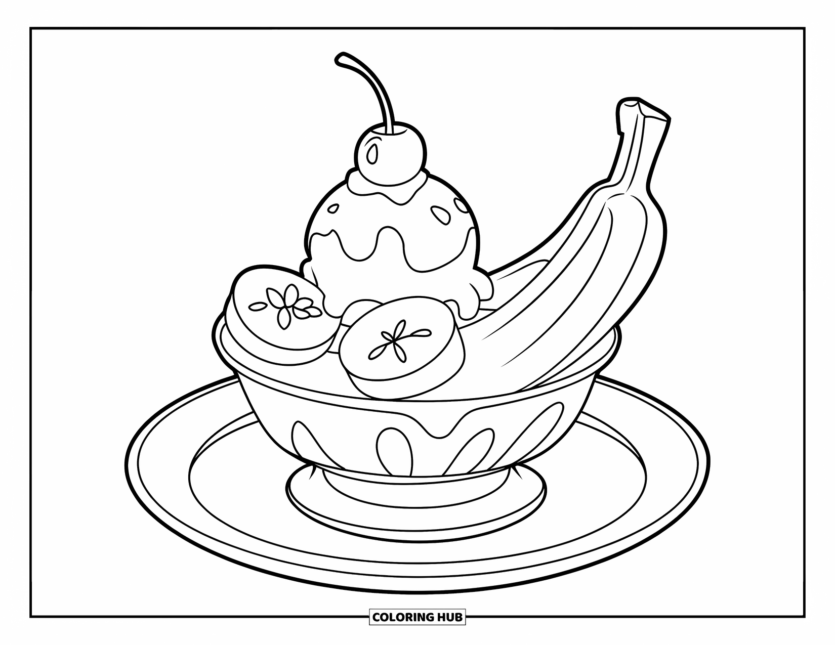 Dessert Kleurplaat voor Kinderen: Een banana split met ijs en een kers rust in een schaal op een bord