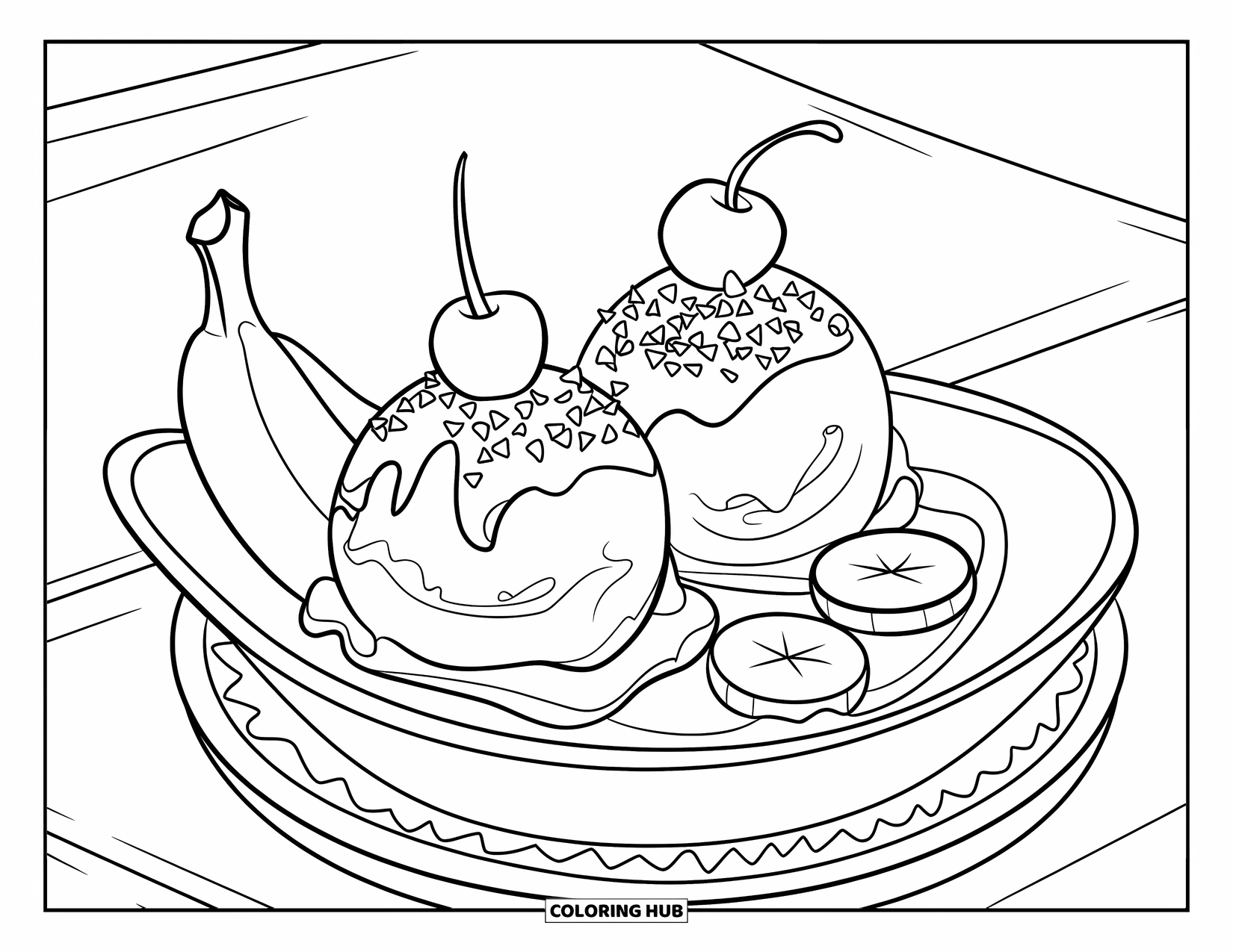 Dessert Kleurplaat voor Kinderen: Een banana split met twee kersen en chocoladeschilfers zit netjes op een schaal