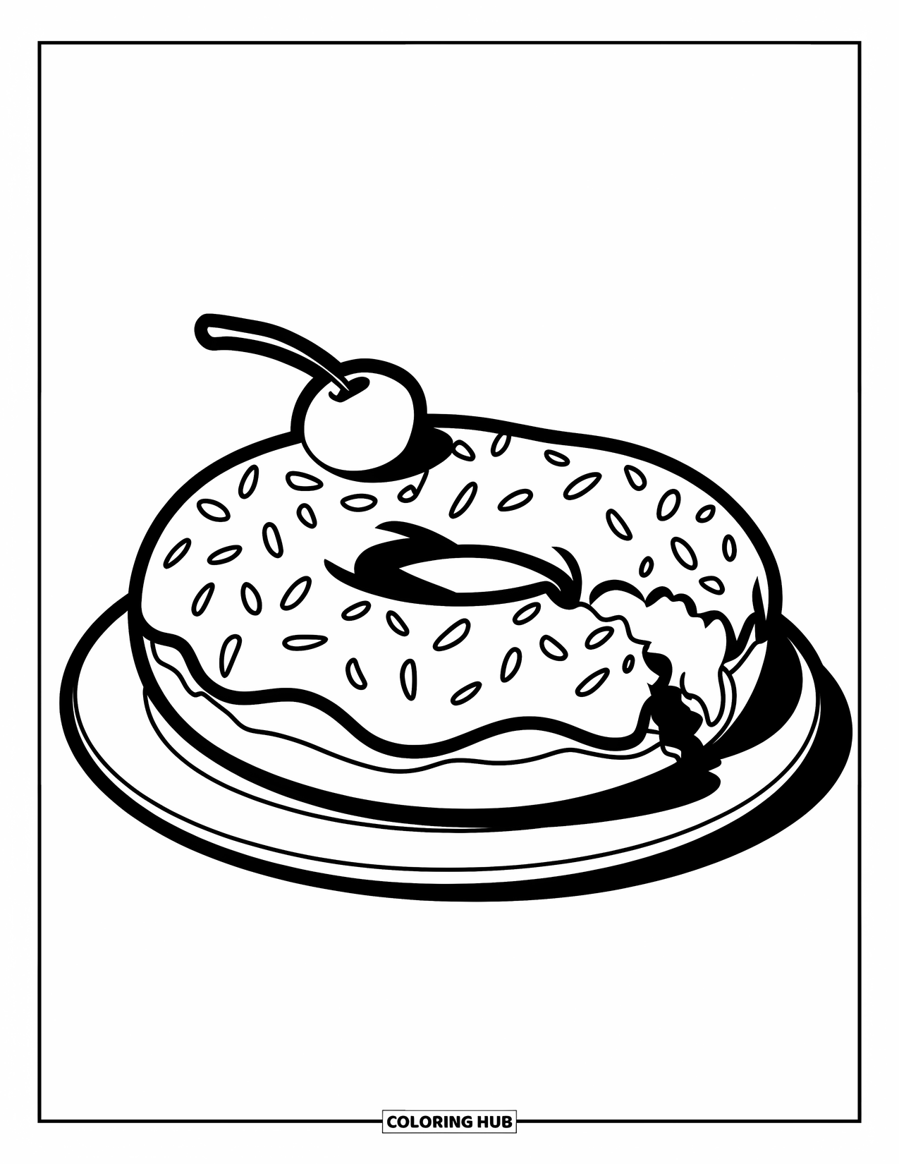 Dessert Kleurplaat voor Kinderen: Een grote donut met spikkels en een hap eruit rust op een eenvoudig bord