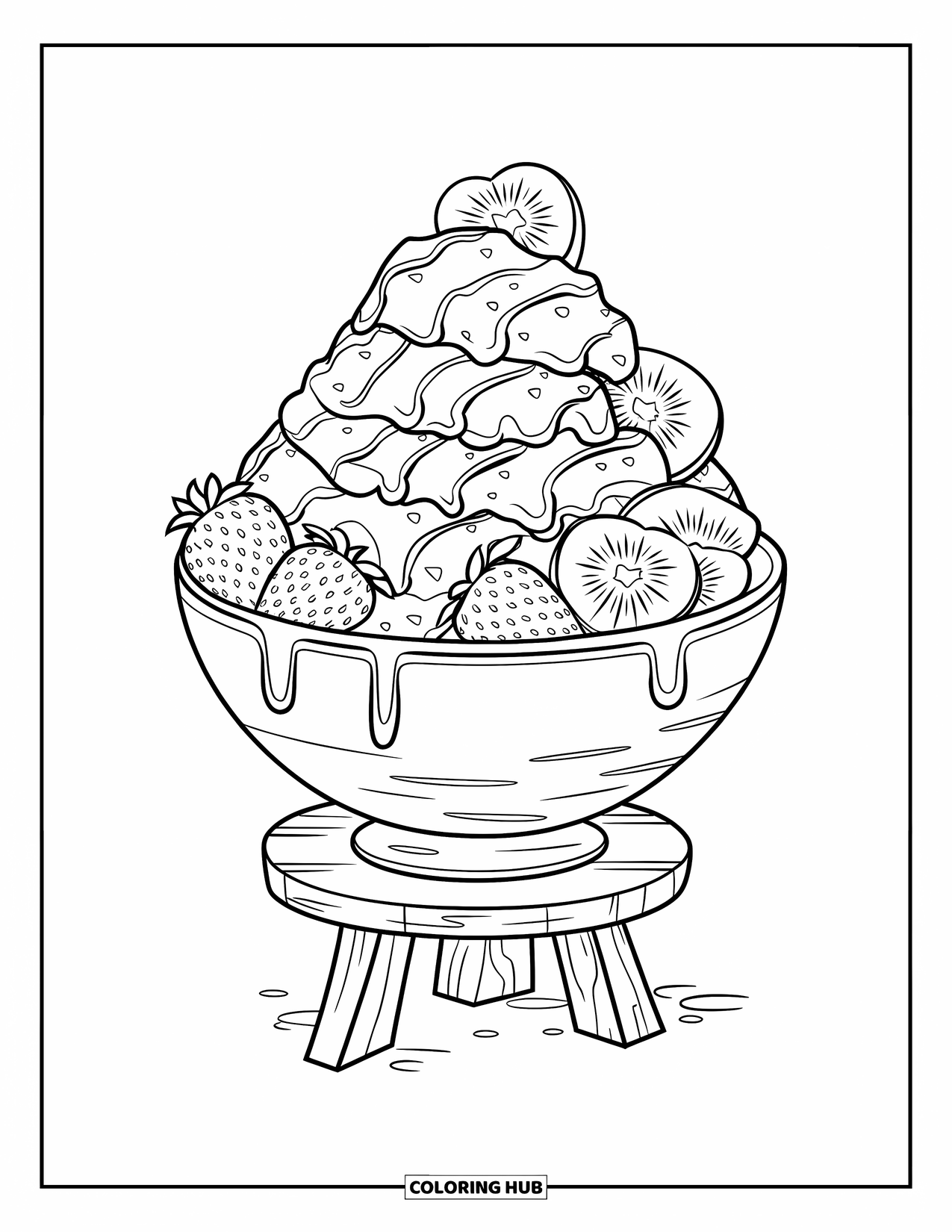 Dessert Kleurplaat voor Kinderen: Een bingsu kom gevuld met fruit en siroop staat op een houten standaard