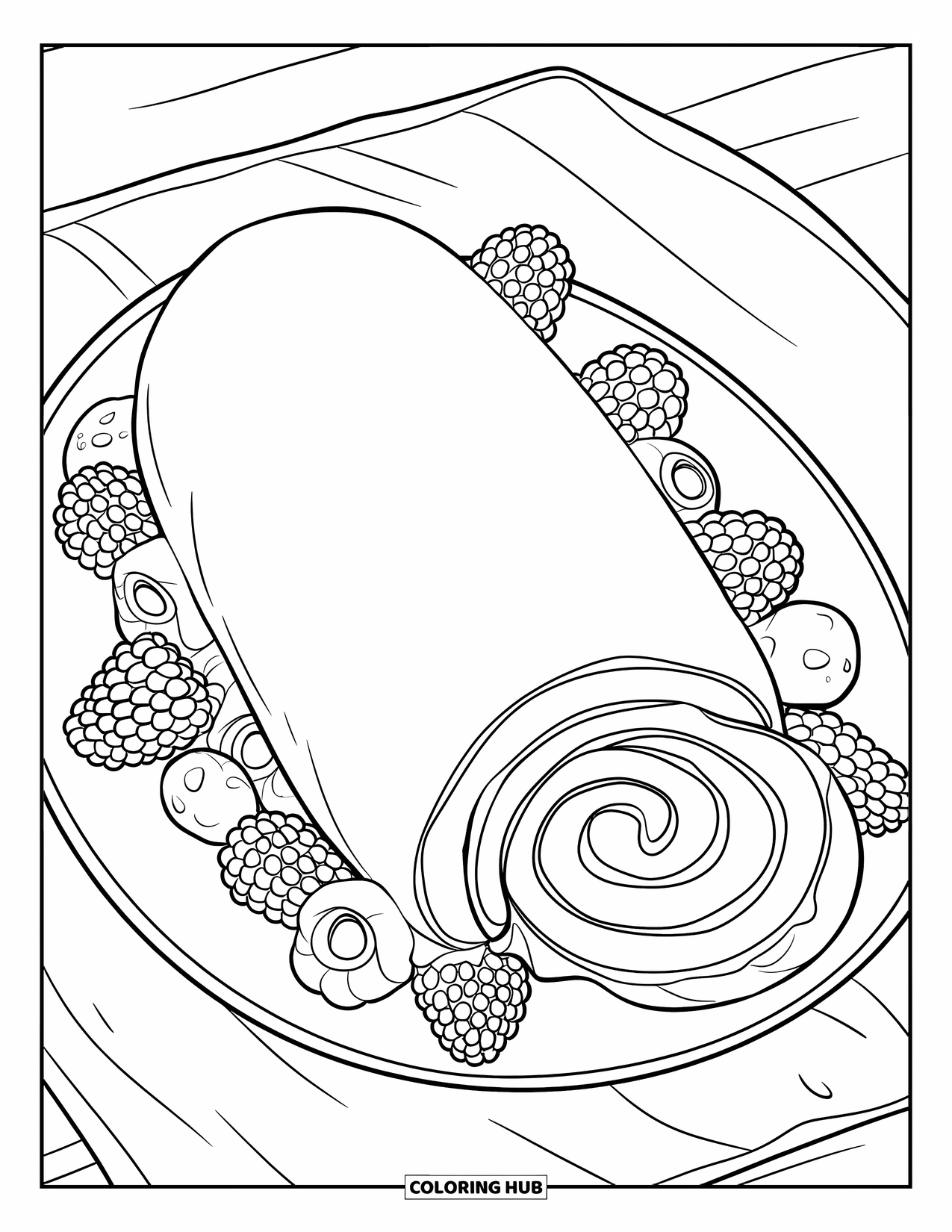 Dessert Kleurplaat voor Kinderen: Een aangebroken Zwitserse rol omringd door bessen ligt rustig op een schoon bord