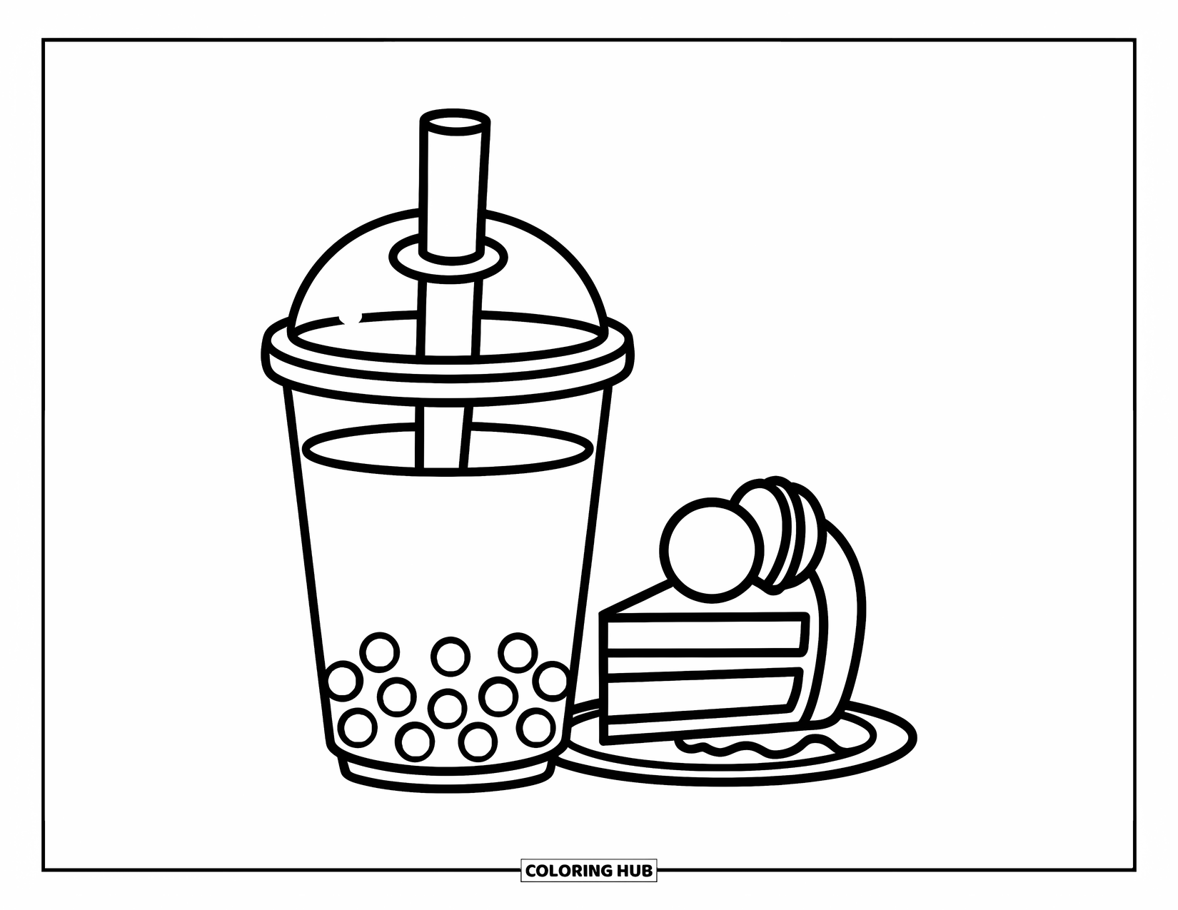 Dessert Kleurplaat voor Kinderen: Een bubble tea staat naast cake en een macaron op een gezellig dessertbord