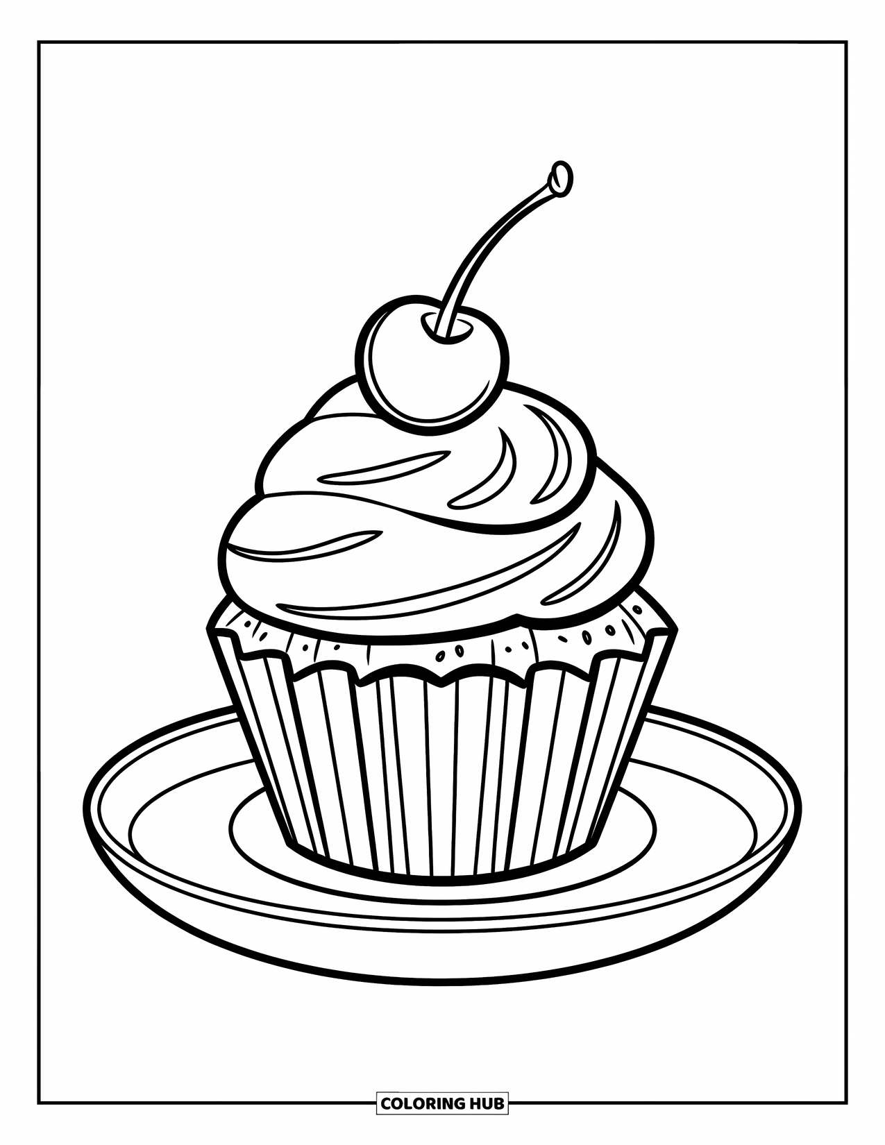 Dessert Kleurplaat voor Kinderen: Een cupcake met een kers erop zit op een bord met gedurfde, vrolijke lijnen