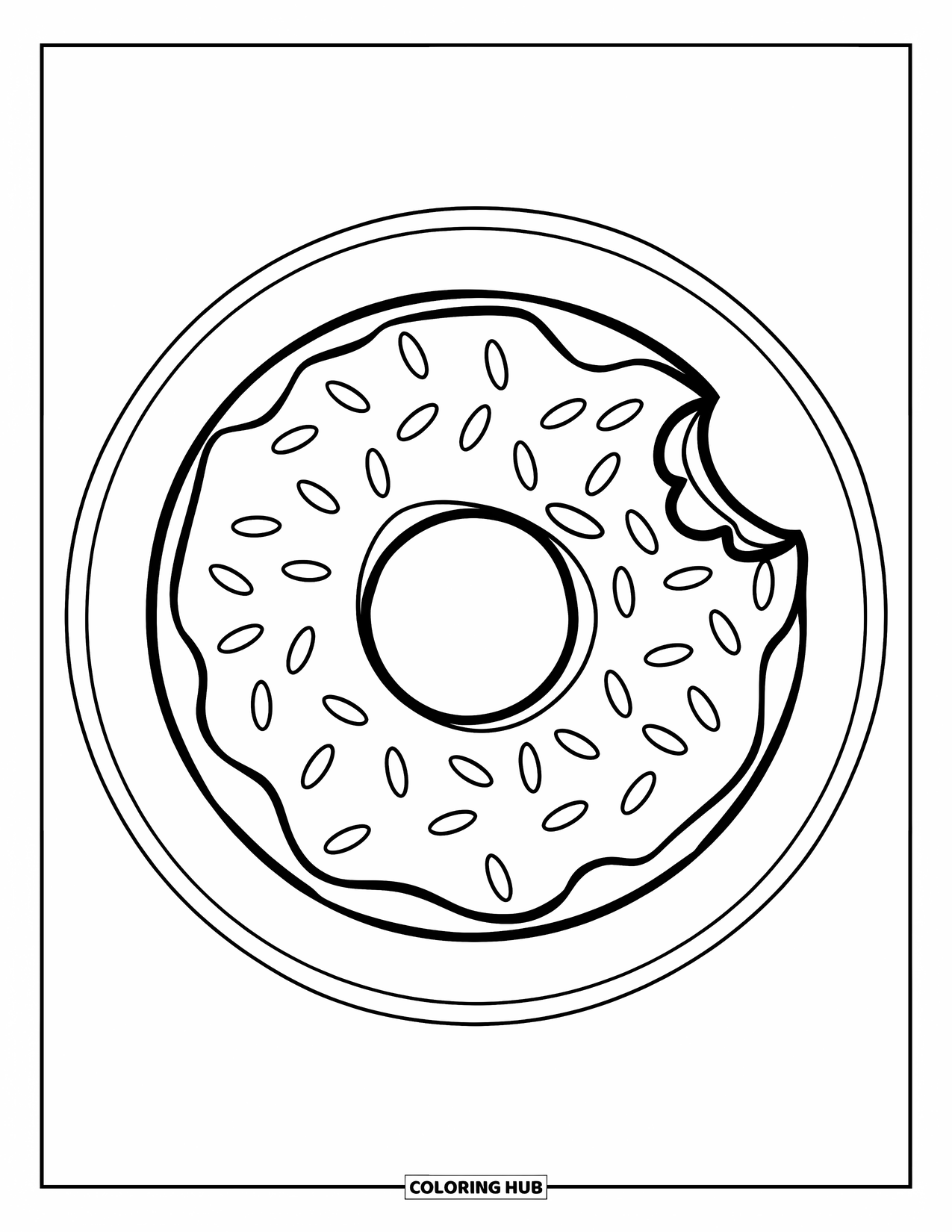 Dessert Kleurplaat voor Kinderen: Een donut met spikkels en een hap eruit zit in het midden van een leuke cirkel