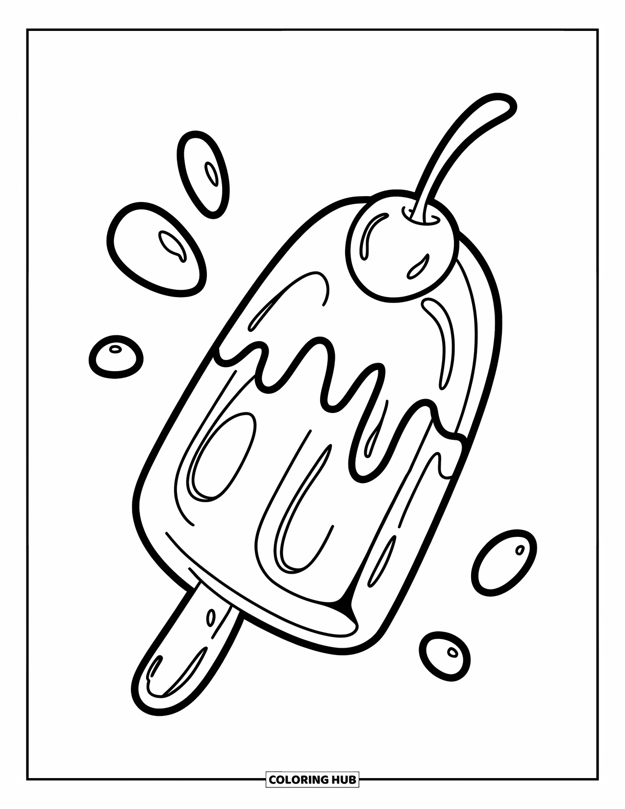 Dessert Kleurplaat voor Kinderen: Een druipende ijslolly met chocoladesiroop en een kers zit op een witte achtergrond