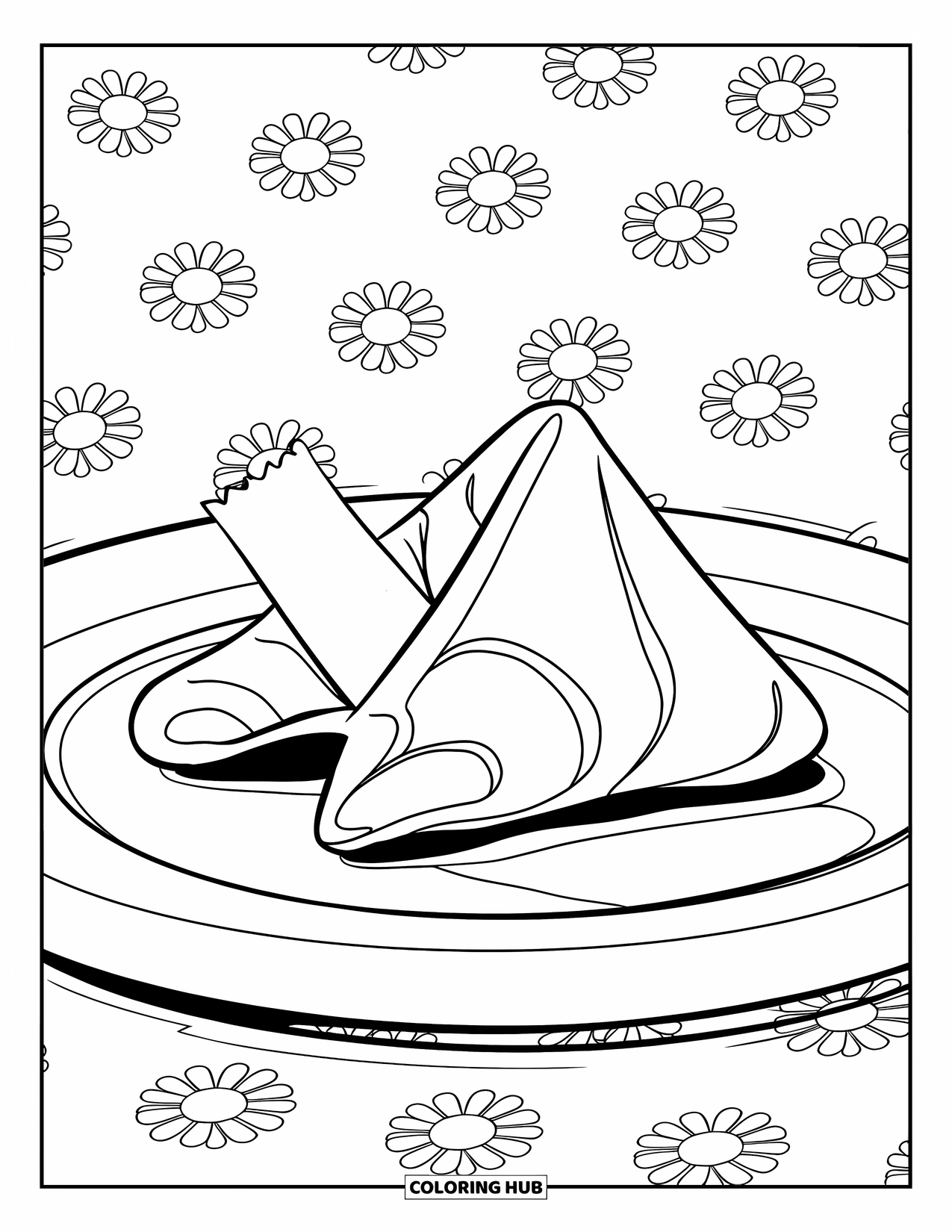 Dessert Kleurplaat voor Kinderen: Een gelukskoekje op een bloemendoek toont een bericht dat uit het midden piept