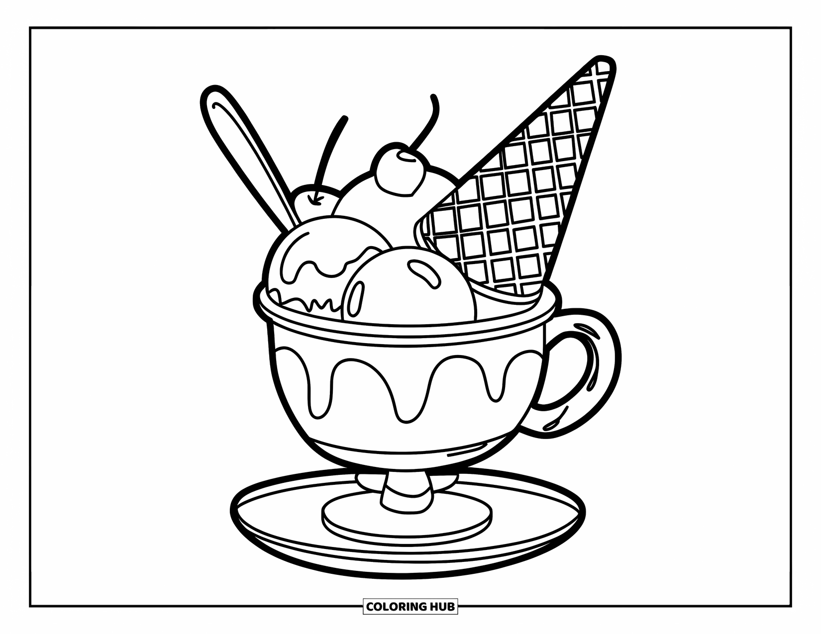 Dessert Kleurplaat voor Kinderen: Een gelato beker met bolletjes en een hoorntje is bedekt met een kers en een lepel