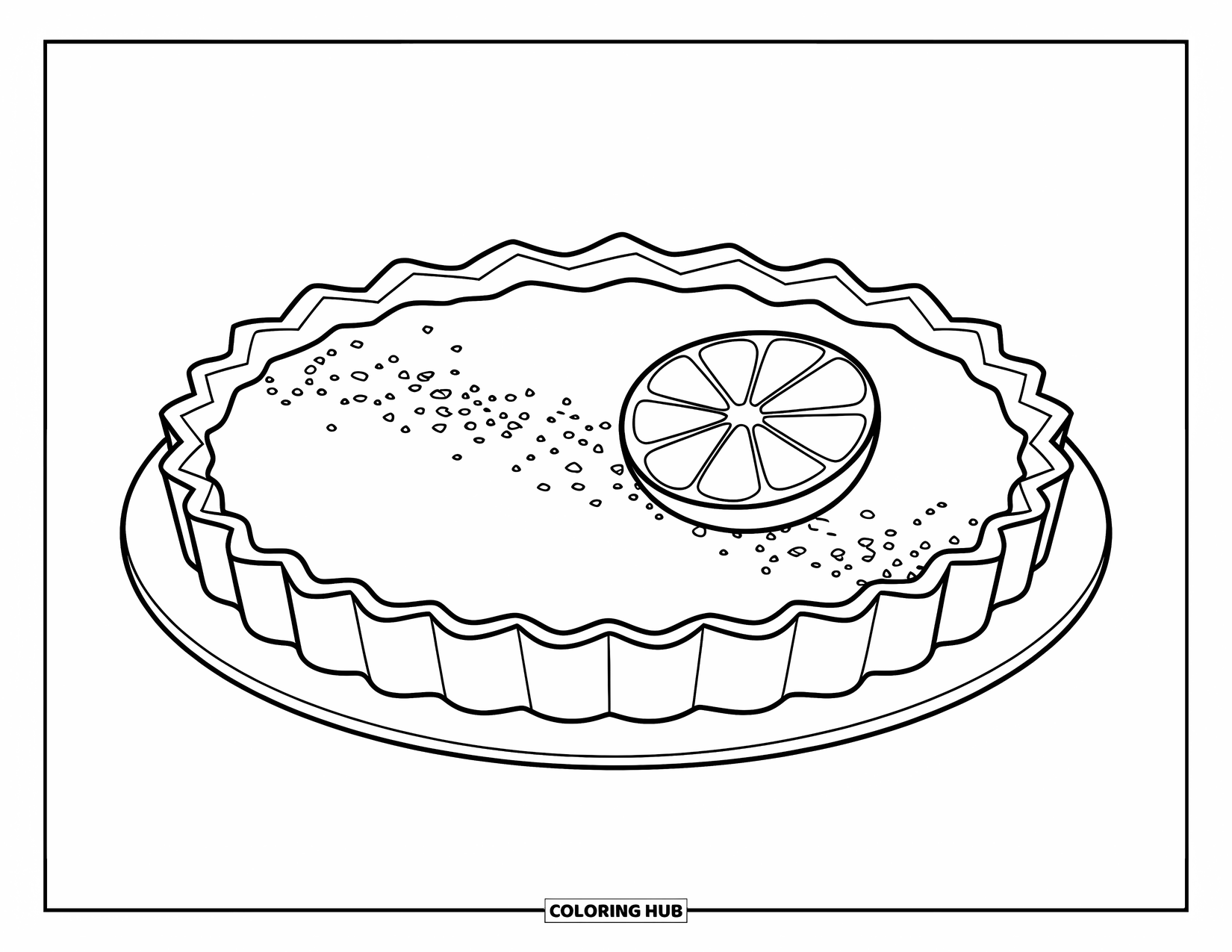 Dessert Kleurplaat voor Kinderen: Een glanzende citroentaart bestrooid met suiker zit met een zaadrijk citroenpartje aan de zijkant