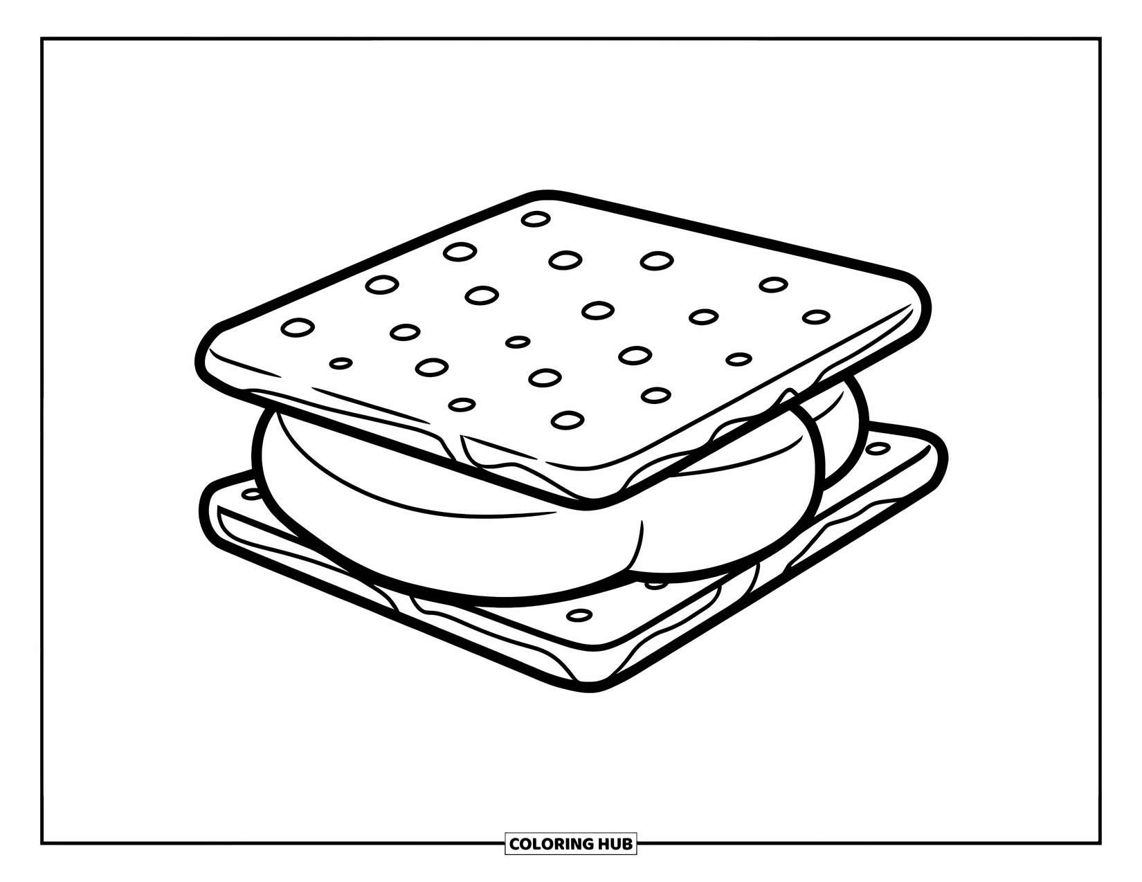 Dessert Kleurplaat voor Kinderen: Een kleverige s'more op een stokje heeft gesmolten chocolade en marshmallow tussen knapperige crackers