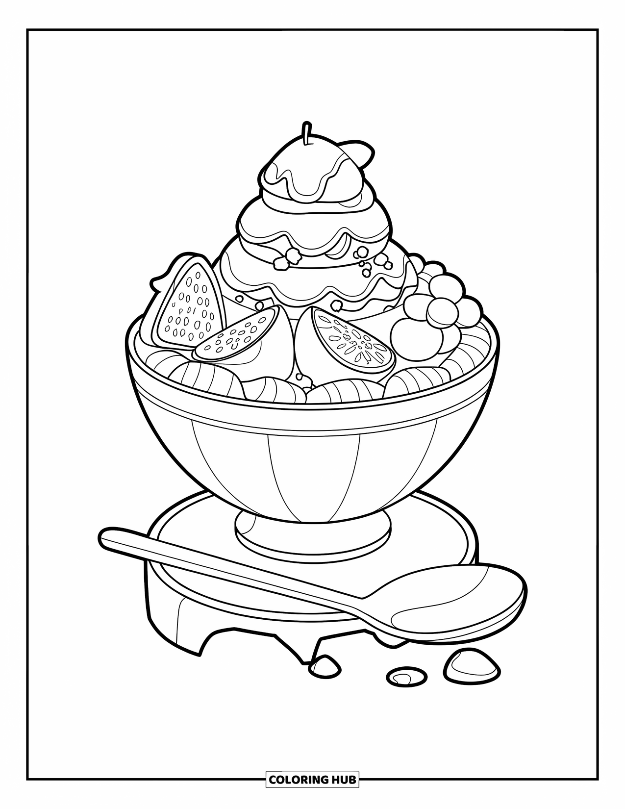 Dessert Kleurplaat voor Kinderen: Een gelaagd bingsu dessert zit naast een lepel op een eenvoudige houten standaard