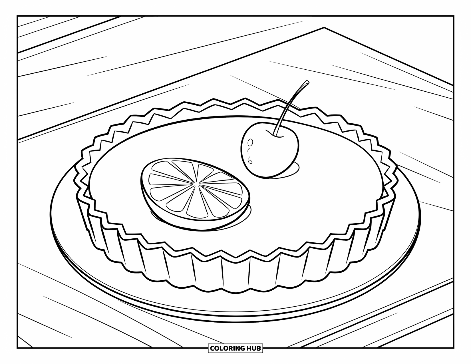 Dessert Kleurplaat voor Kinderen: Een citroentaart met zigzag randen is bedekt met een kers op een gewoon bord