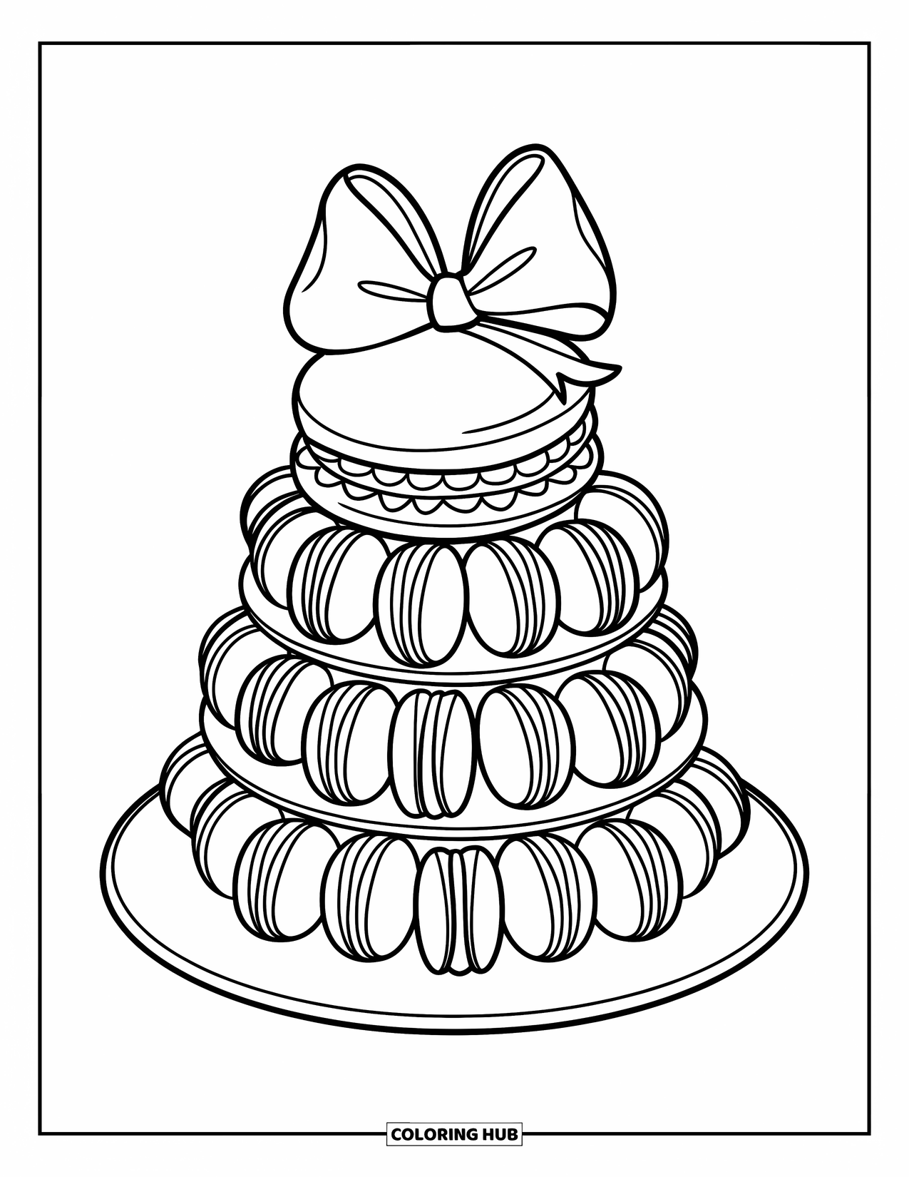 Dessert Kleurplaat voor Kinderen: Een macaron toren met een strik erop staat trots op een schoon bord