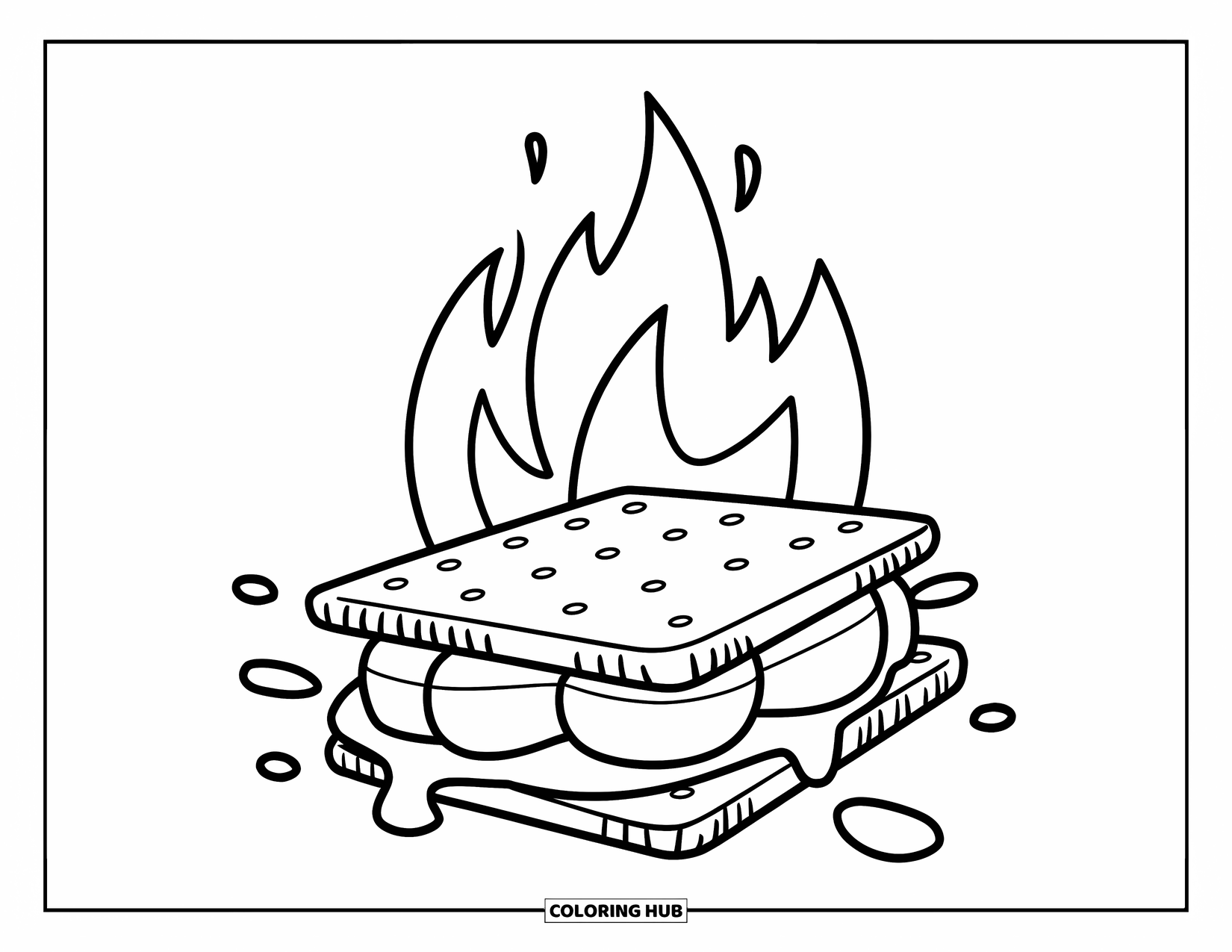 Dessert Kleurplaat voor Kinderen: Een smeltende s'more op een stokje rust bij een kampvuur met vlammen op de achtergrond