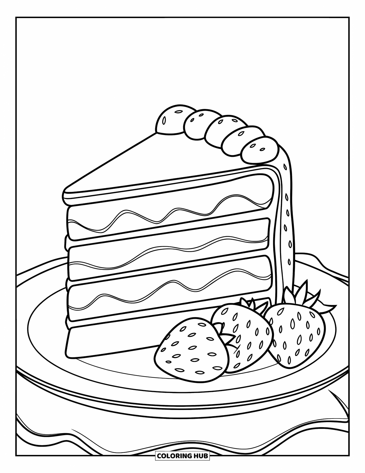 Dessert Kleurplaat voor Kinderen: Een meerlagige plak cake met aardbeien ligt op een gewoon wit bord
