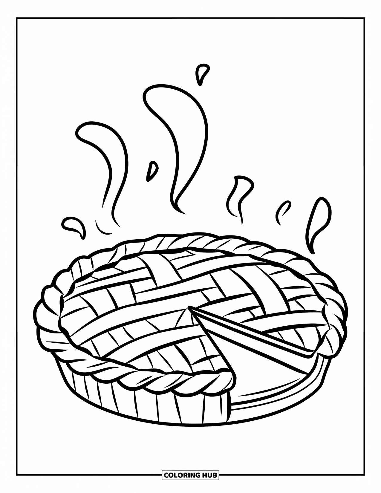 Dessert Kleurplaat voor Kinderen: Een taart met een ontbrekend stuk laat warme stoom uit de gouden korst ontsnappen