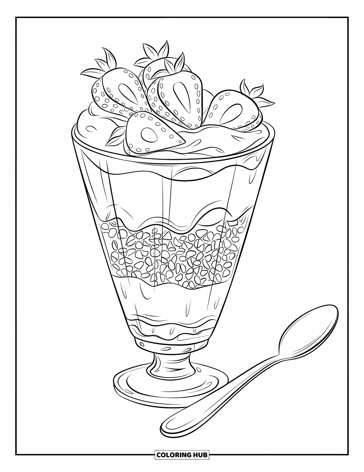 Dessert Kleurplaat voor Kinderen: Een pudding parfait met aardbeien en granola lagen wordt geserveerd met een lepel in de buurt