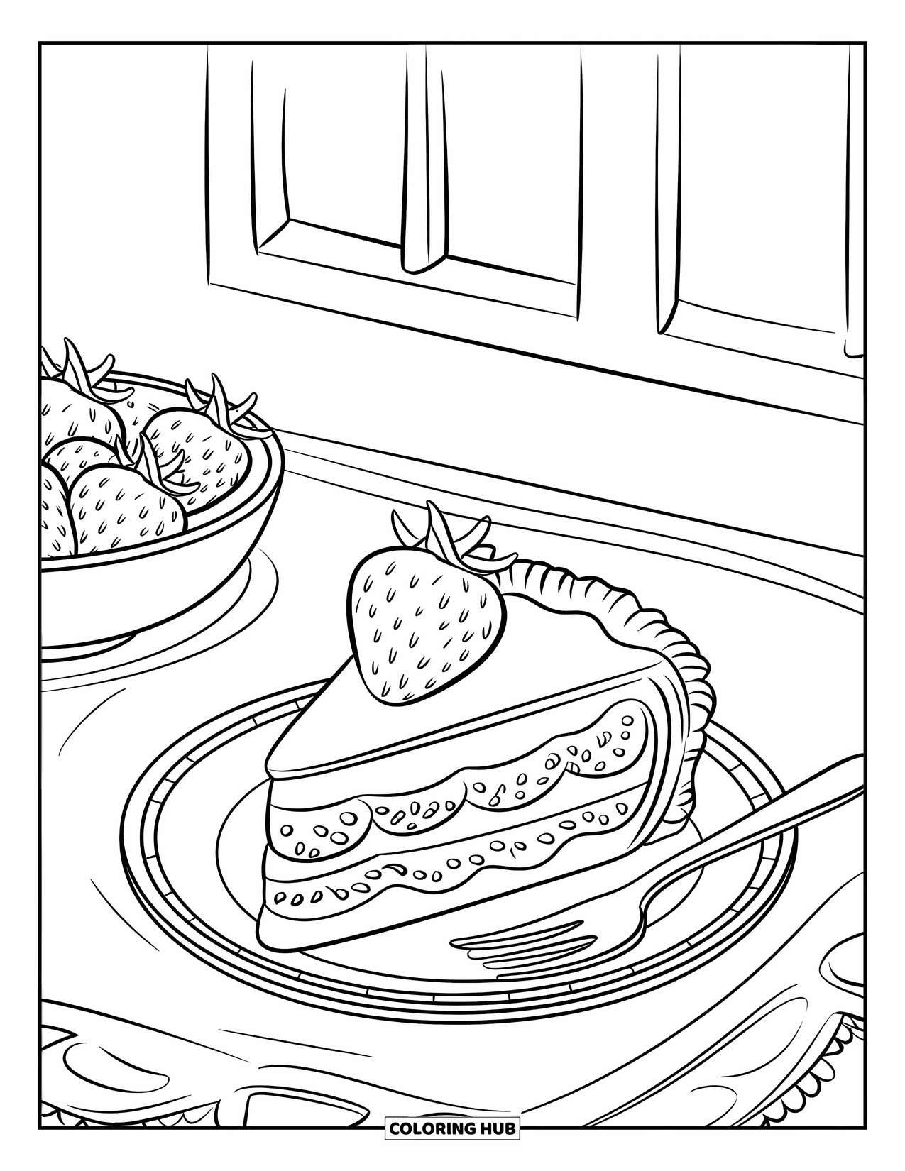 Dessert Kleurplaat voor Kinderen: Een shortcake plak met aardbeien is geplaatst in de buurt van een kom met meer bessen