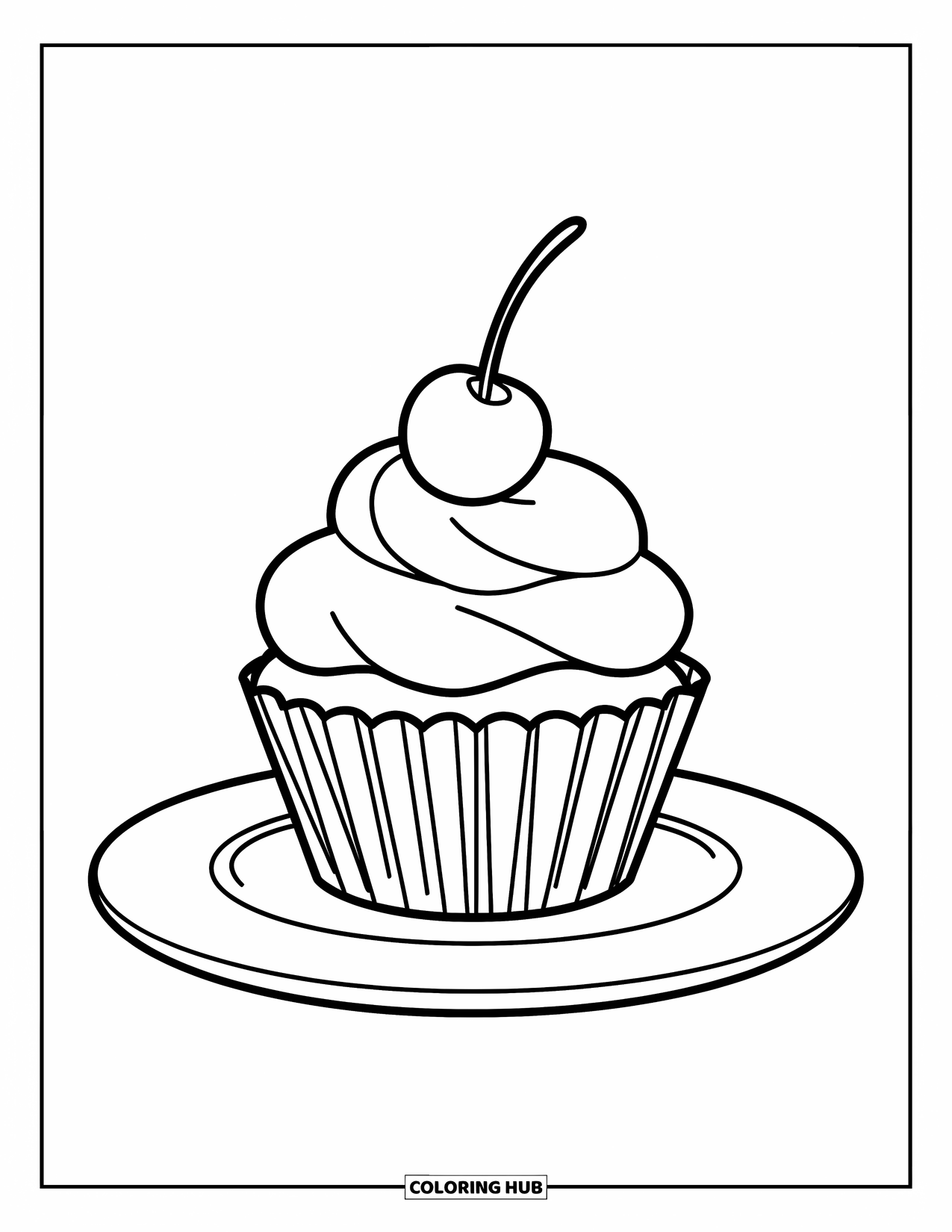 Dessert Kleurplaat voor Kinderen: Een enkele cupcake met een kers erop rust op een bord zonder extra details