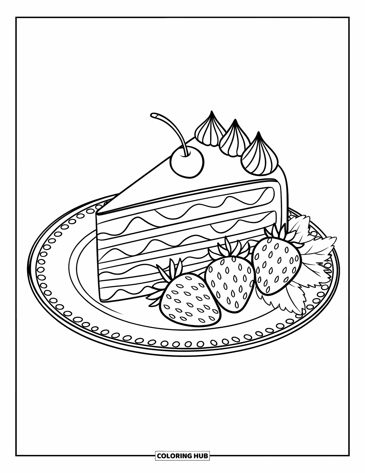 Dessert Kleurplaat voor Kinderen: Een plak gedraaide cake met aardbeien en een kers rust op een bord met een gouden rand