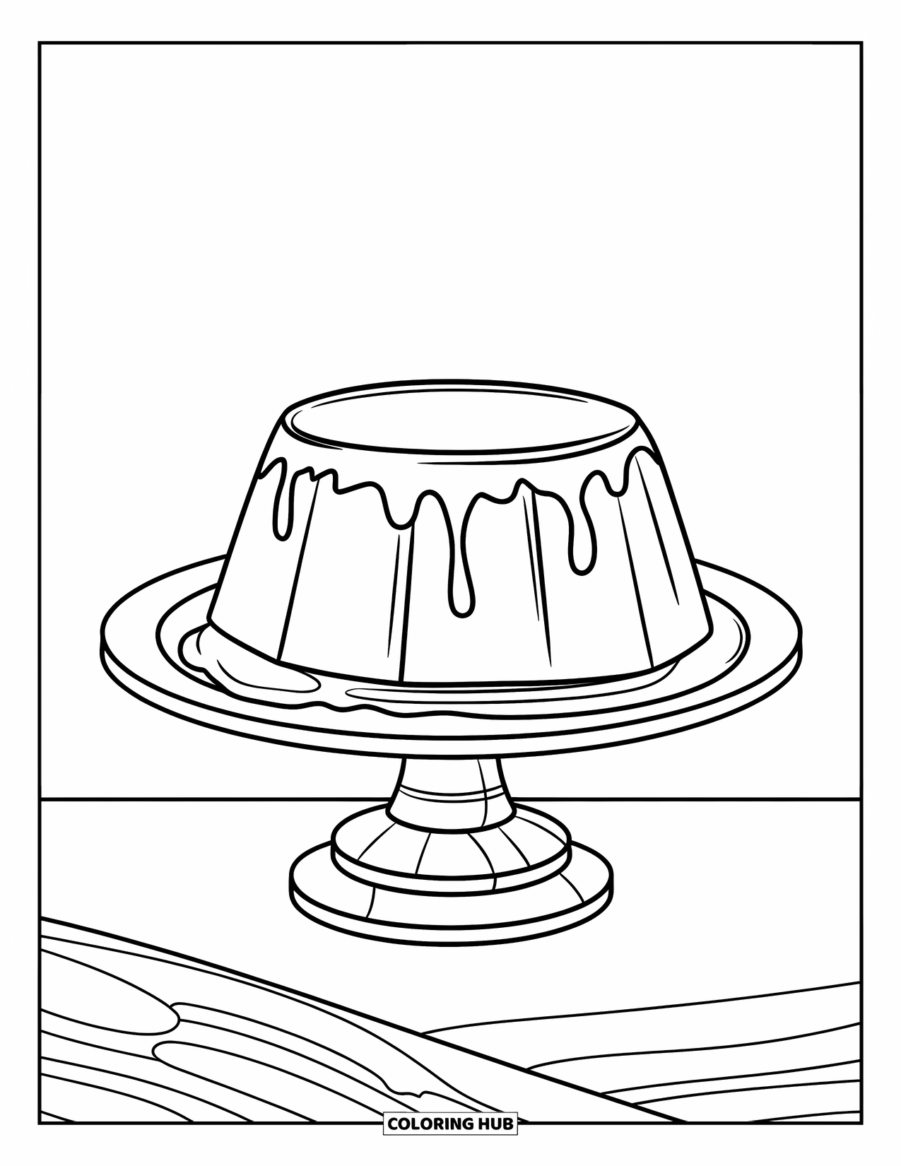 Dessert Kleurplaat voor Kinderen: Een gladde flan met karamel topping rust op een eenvoudige houten standaard