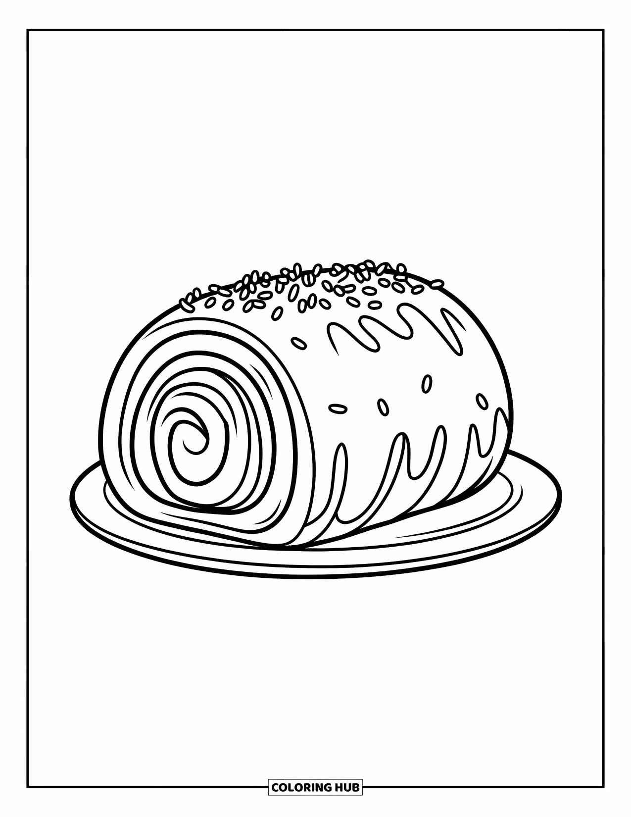 Dessert Kleurplaat voor Kinderen: Een met spikkels bedekte Zwitserse rol met één hap eraf rust op een bord