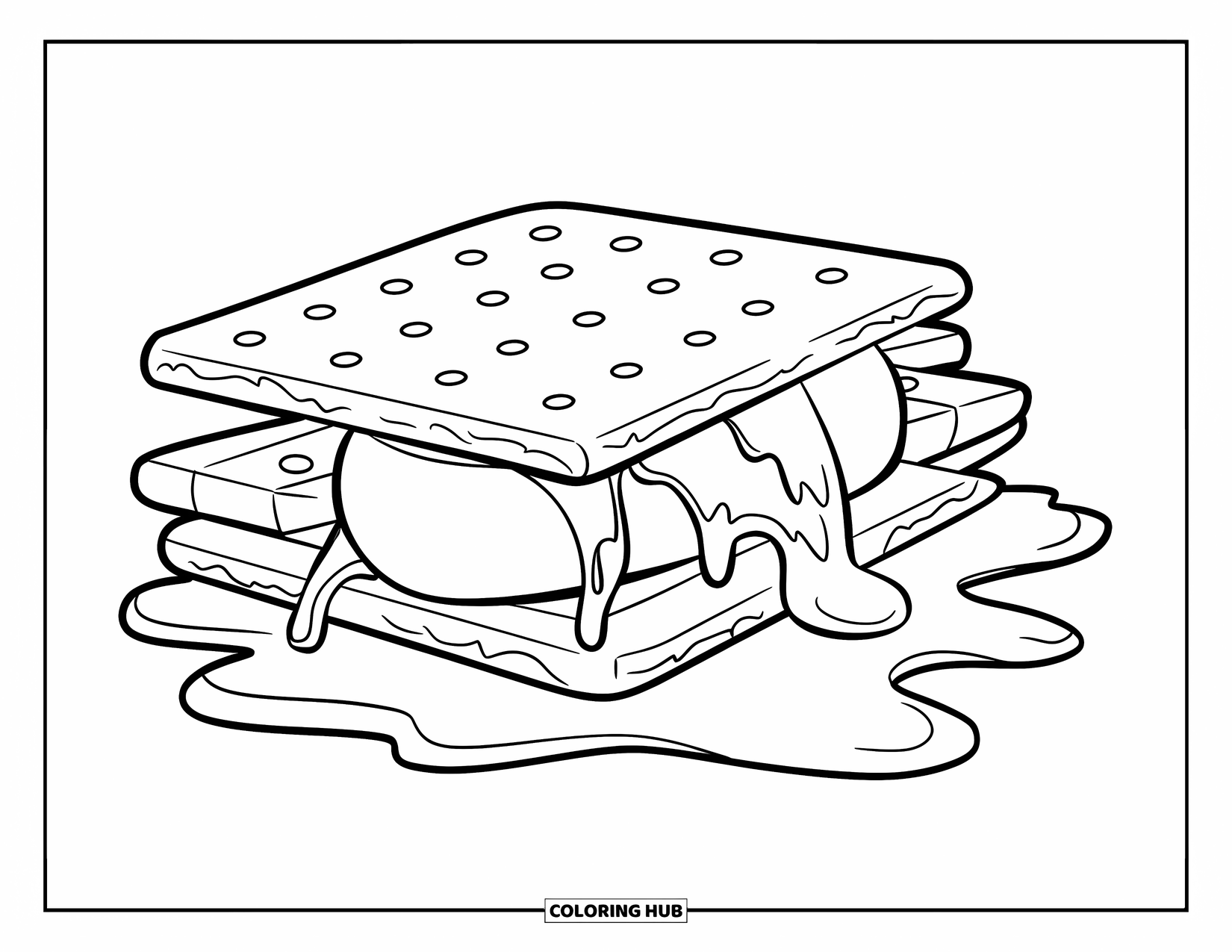 Dessert Kleurplaat voor Kinderen: Een plakkerige s'more smelt tussen gebroken crackers met chocolade die uit de zijkanten sijpelt