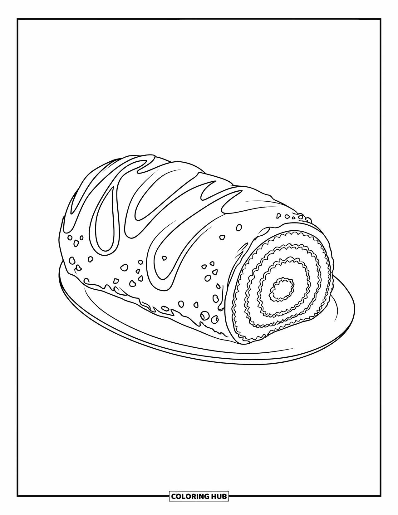 Dessert Kleurplaat voor Kinderen: Een gedraaide Zwitserse rol met een hap eruit ligt netjes op een schoon bord