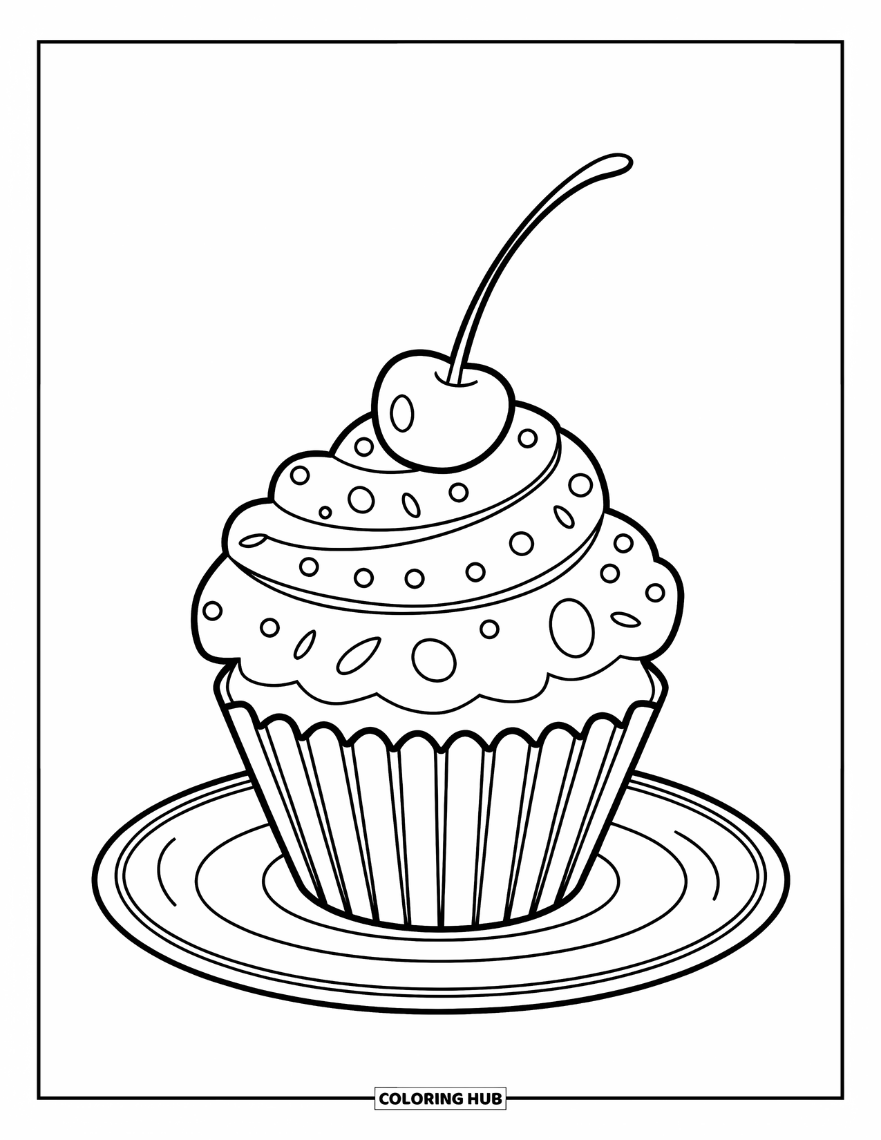 Dessert Kleurplaat voor Kinderen: Een zwierige cupcake met een kers zit op een eenvoudig bord met een geringde rand