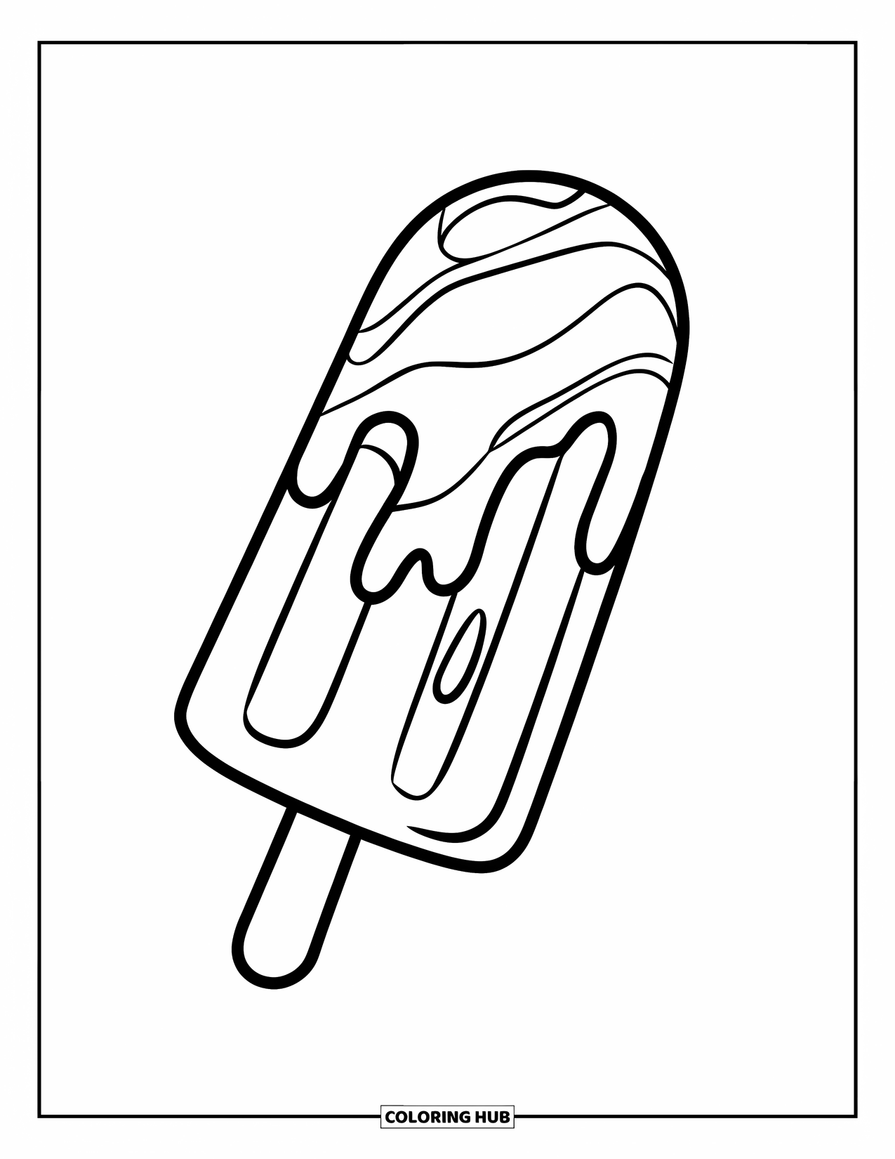 Dessert Kleurplaat voor Kinderen: Een zwierige ijslolly rust op een stokje met gedurfde lijnen en leuke vormen