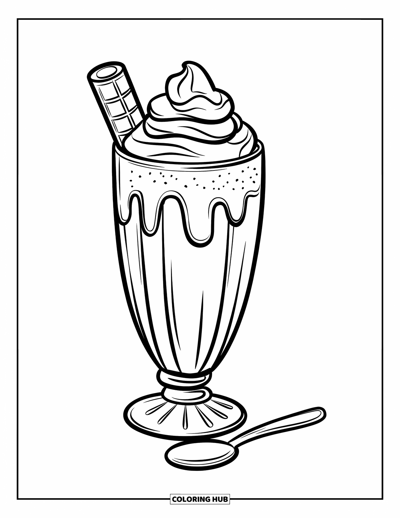 Dessert Kleurplaat voor Kinderen: Een hoog milkshake glas staat met slagroom en een lepel in de buurt