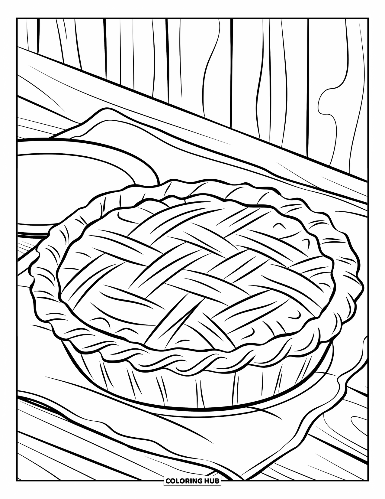 Dessert Kleurplaat voor Kinderen: Een warme taart op een bord toont stoom die opstijgt op een gezellige, schone tafel