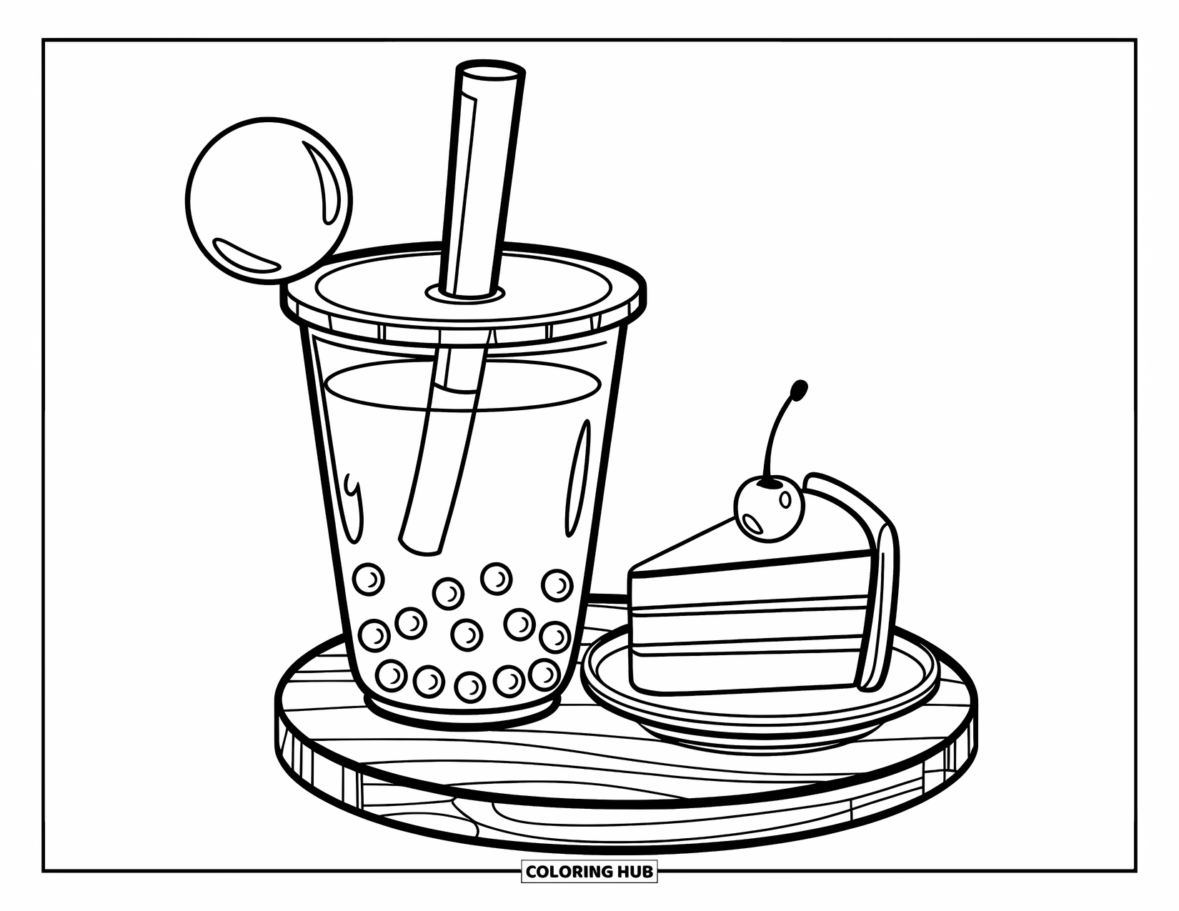 Dessert Kleurplaat voor Kinderen: Bubble tea en met kersen bedekte cake rusten op een houten dienblad met een zwevende parel in de buurt