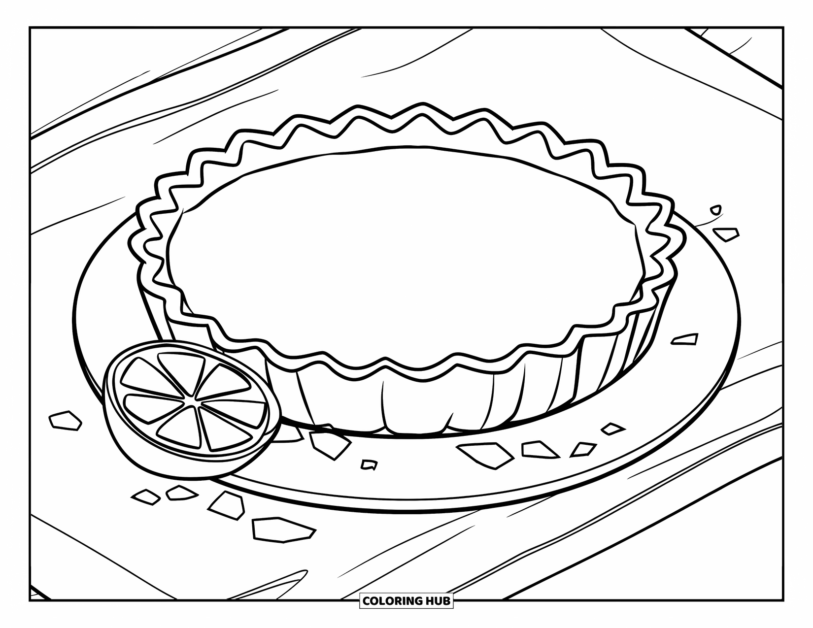 Dessert Kleurplaat voor Kinderen: Met kruimels bestrooide citroentaart en een citroenpartje liggen op een schoon wit bord