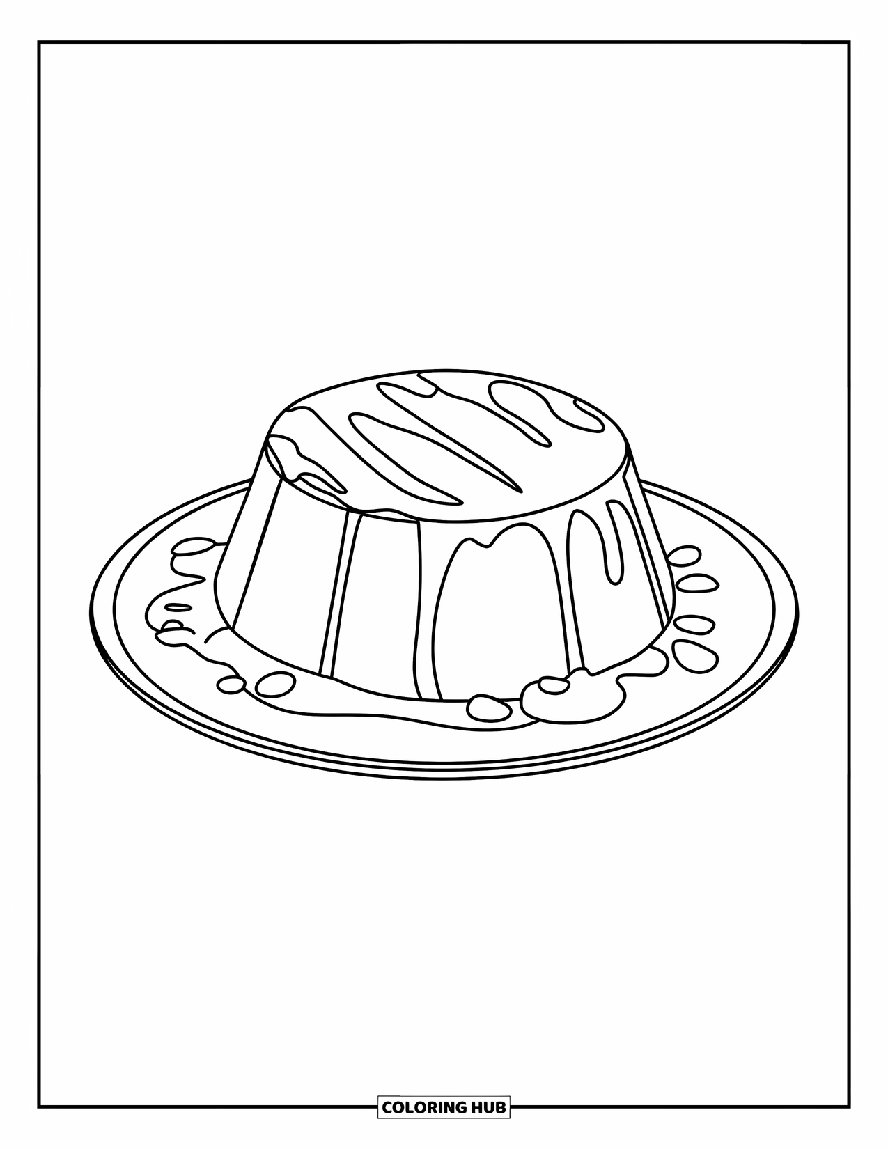 Dessert Kleurplaat voor Kinderen: Flan met karameldrizzle en een paar verspreide noten zit op een wit bord