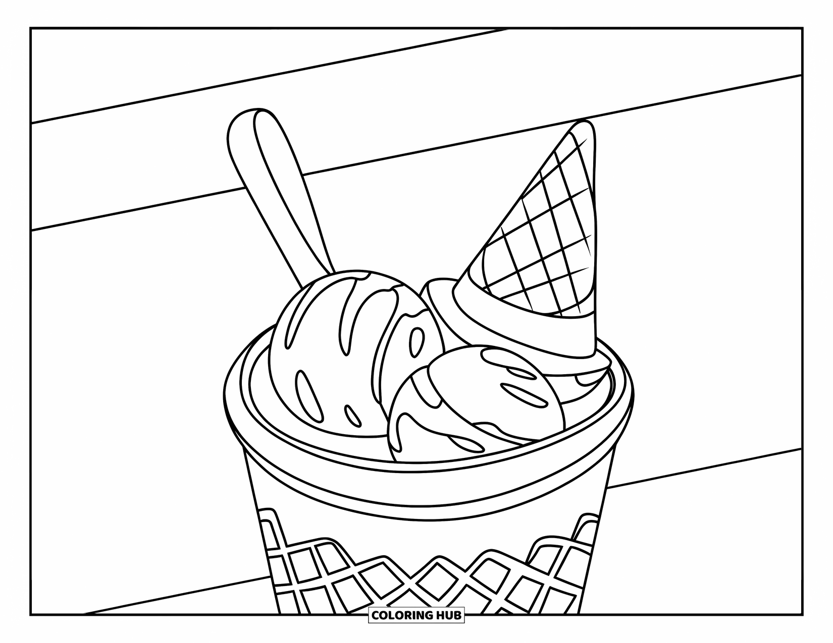 Dessert Kleurplaat voor Kinderen: Gelato bolletjes en een hoorntje zitten netjes in een beker op een wafelbasis