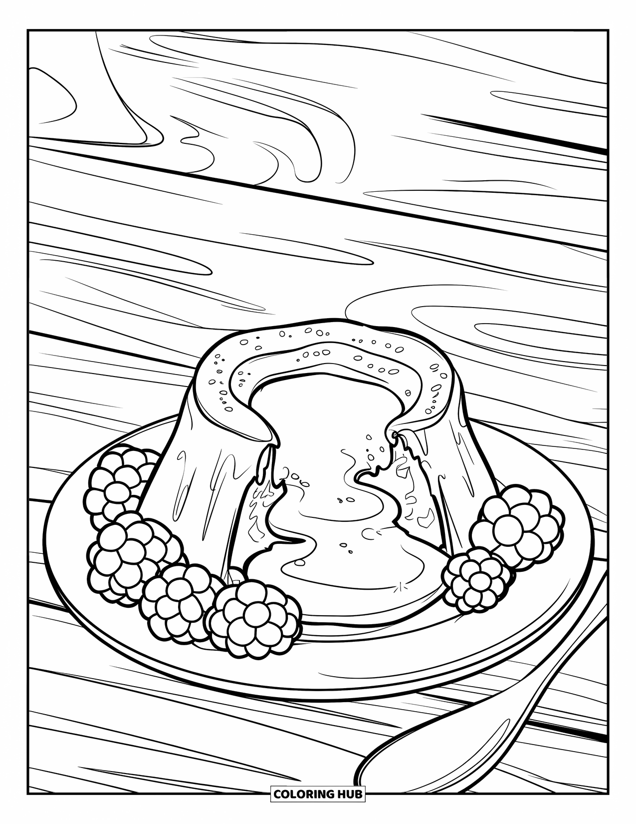 Dessert Kleurplaat voor Kinderen: Lavacake en bessen zitten op een houten bord met een lepel ernaast