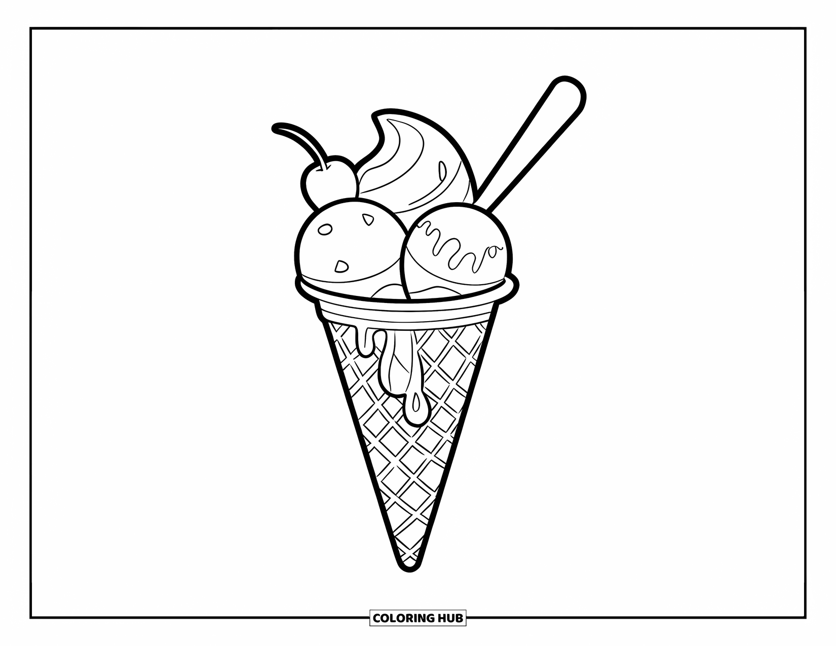 Dessert Kleurplaat voor Kinderen: Gelato met drie bolletjes zit in een waffle cone met een kers erop en een lepel erin