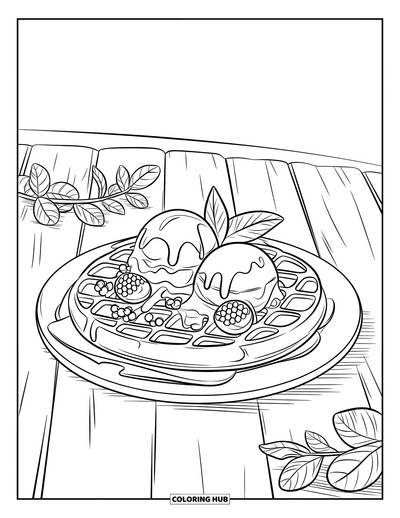 Dessert Kleurplaat voor Kinderen: Wafels bedekt met siroop en fruit rusten naast muntblaadjes op een houten tafel