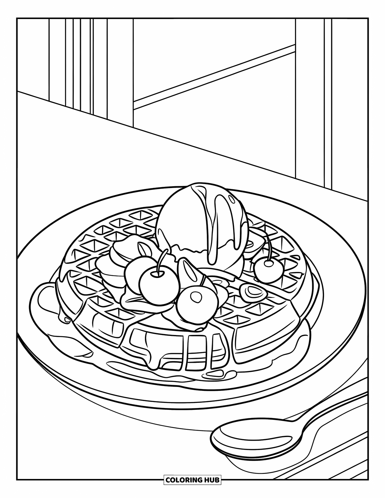 Dessert Kleurplaat voor Kinderen: Wafels met ijs, siroop en fruit zijn opgediend met een lepel in de buurt