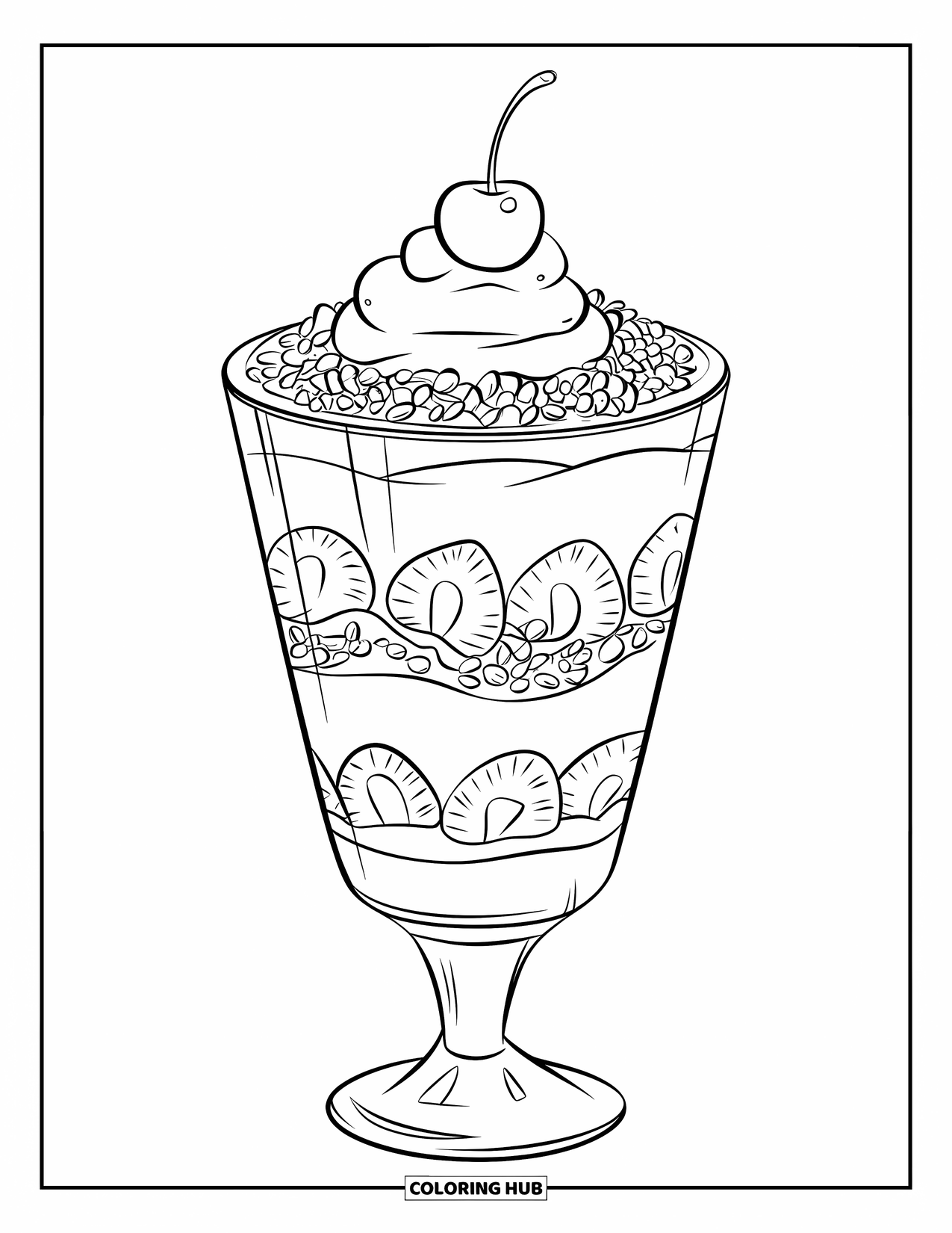 Dessert Kleurplaat voor Kinderen: Slagroom en een kersje bovenop een aardbeien parfait in een hoog glas