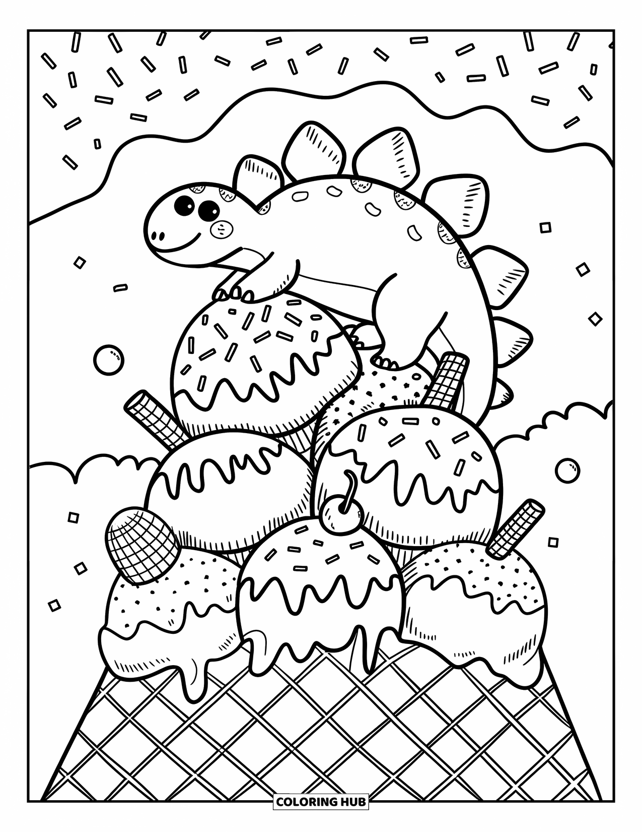Dinosaur Coloring Page for Adults: A baby Brachiosaurus peeks from a hot air balloon basket among fluffy clouds