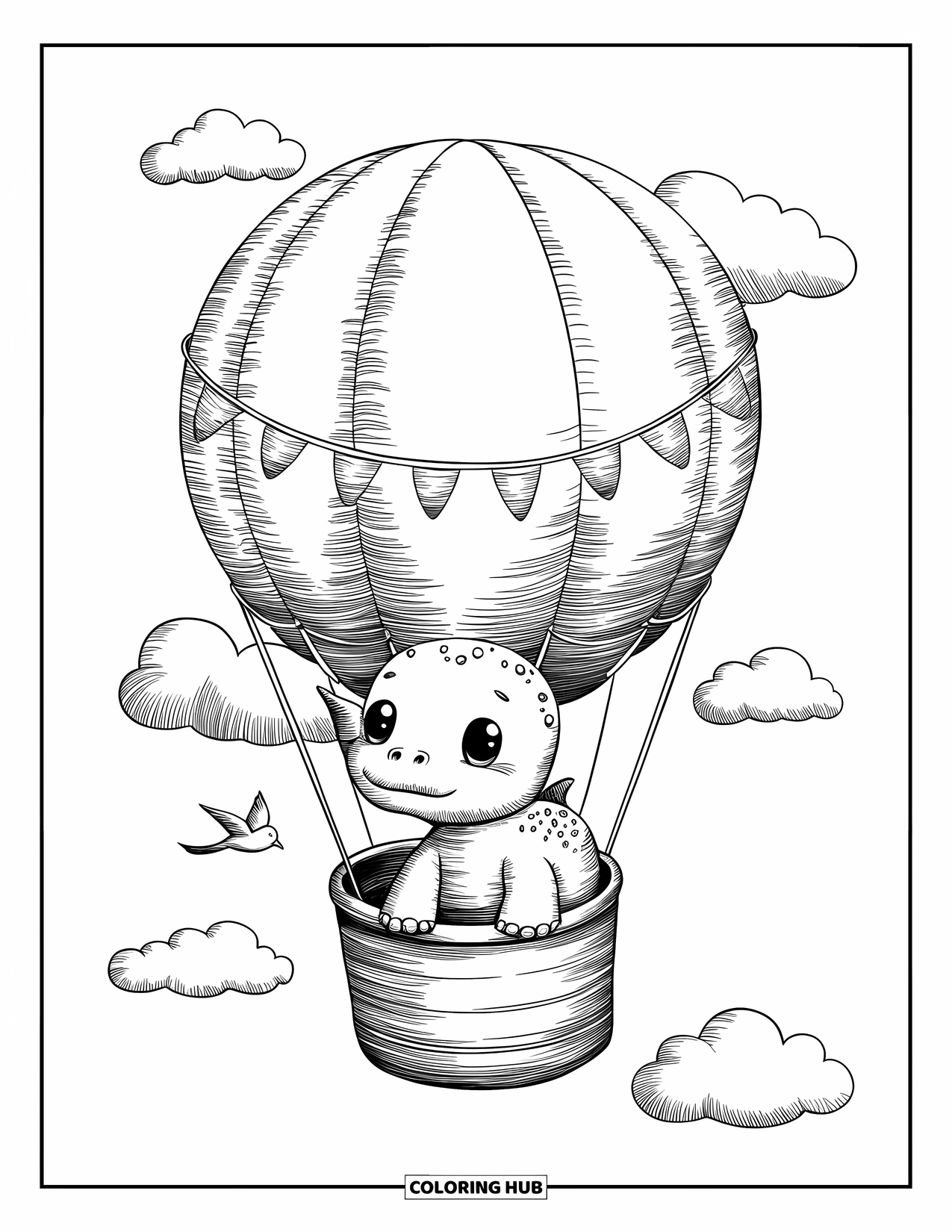 Dinosaur Coloring Page for Adults: A baby Brachiosaurus smiles from a hot air balloon with a banner of flags