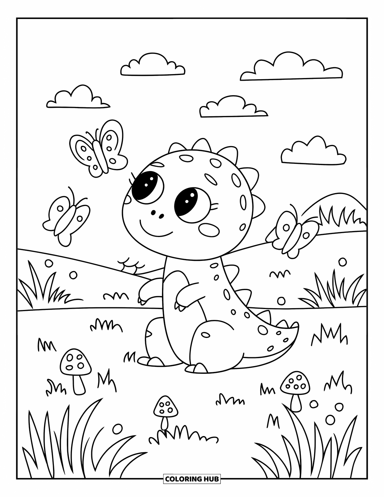 Dinosaur Coloring Page for Adults: A baby dino with wide eyes hatches from an egg with stars and sparkles