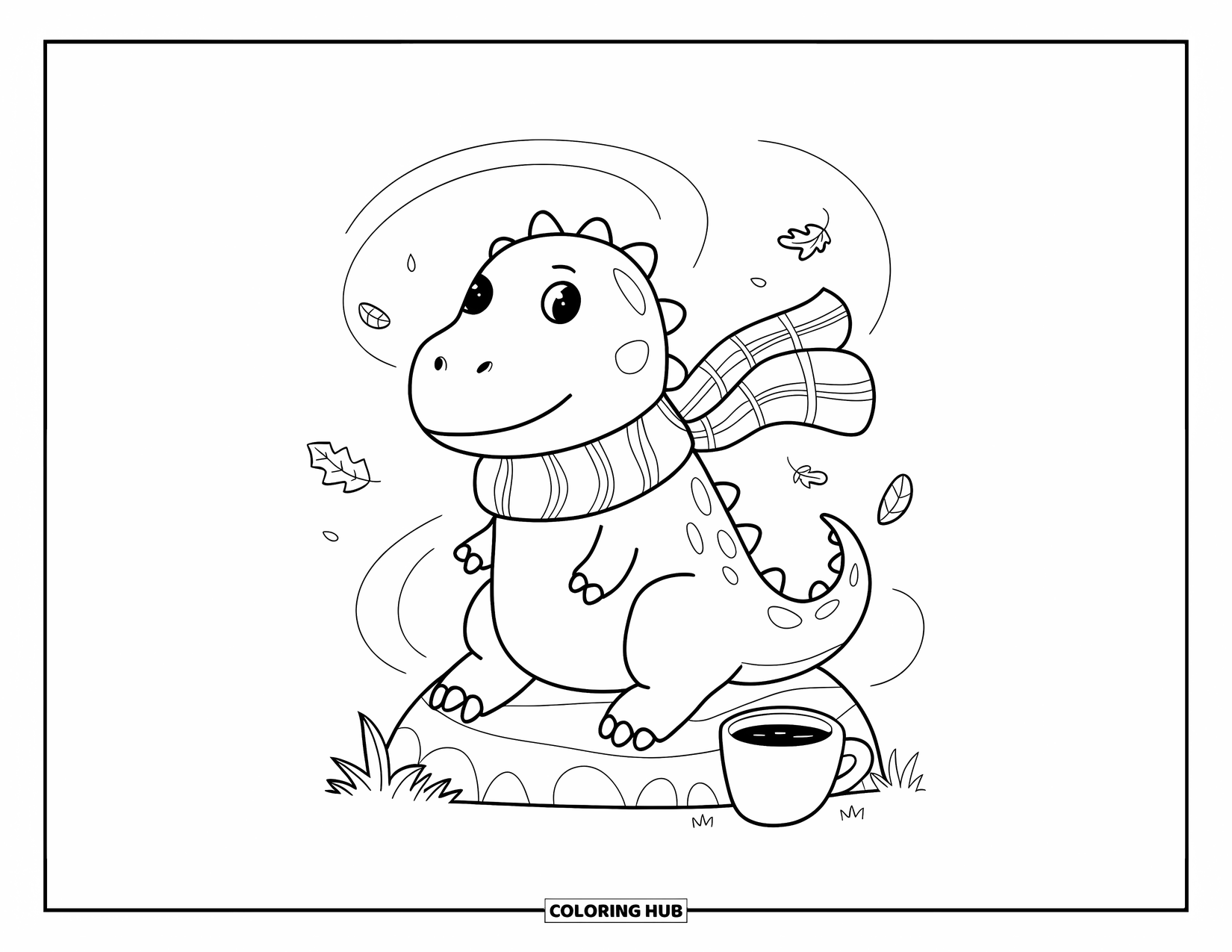 Dinosaur Coloring Page for Adults: A cozy dino with a scarf and cocoa sits among swirling autumn leaves