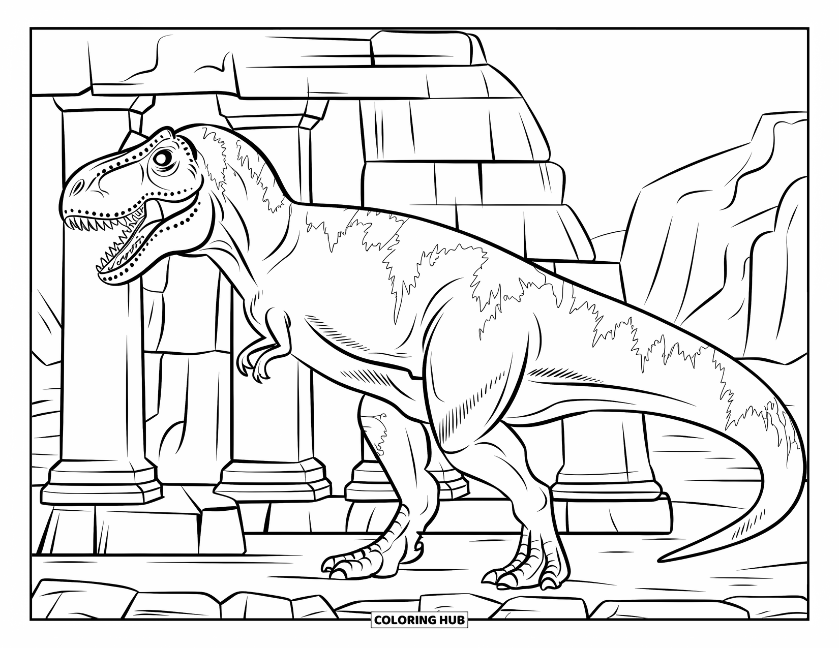 Dinosaur Coloring Page for Adults: A cracked and mossy T-Rex stands by an ancient temple ruin