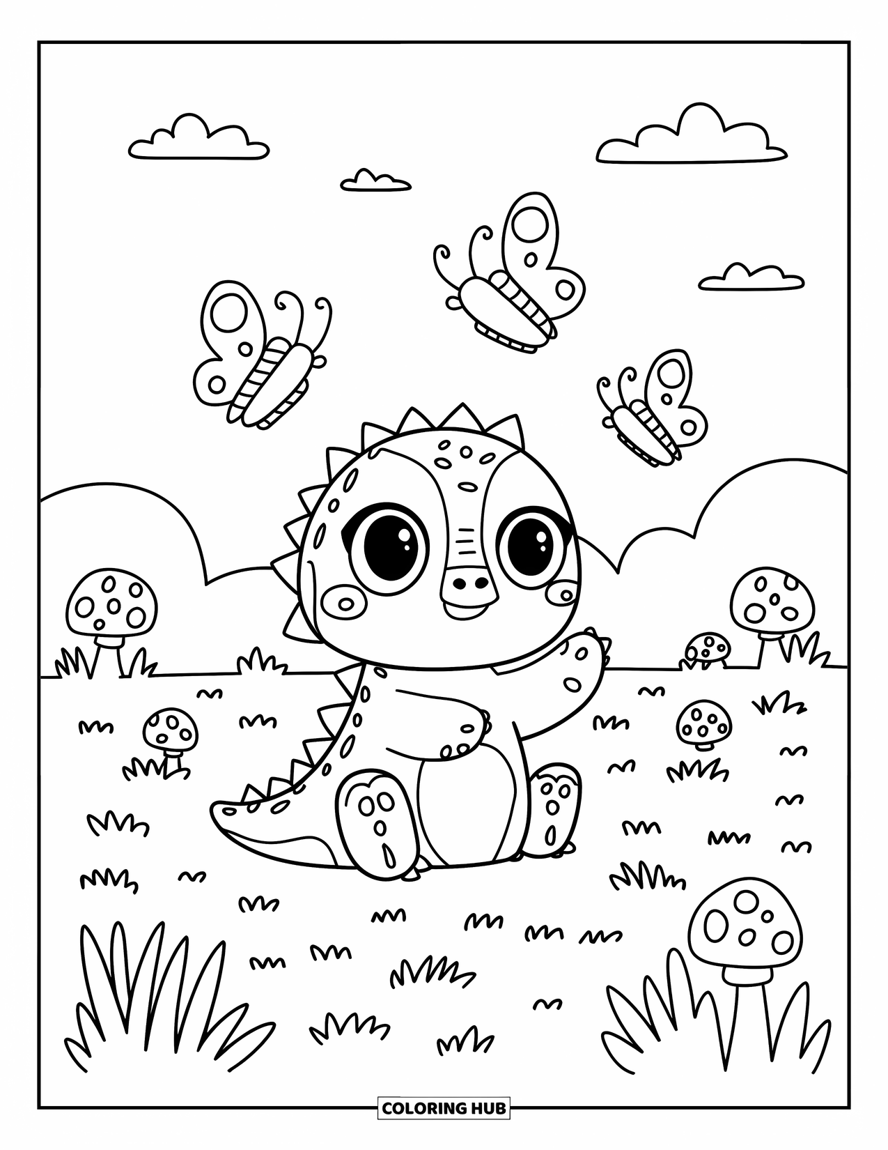 Dinosaur Coloring Page for Adults: A cute dino reaches for butterflies surrounded by grass and little mushrooms