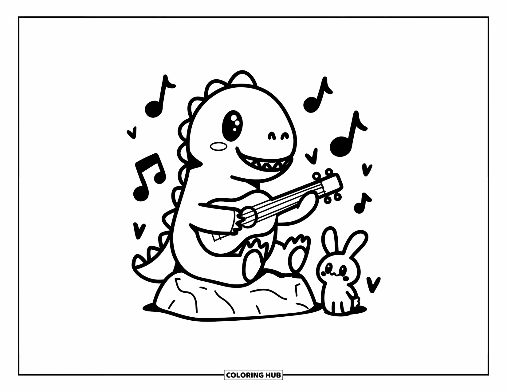Dinosaur Coloring Page for Adults: A dino happily strums a ukulele with a bunny sitting close by