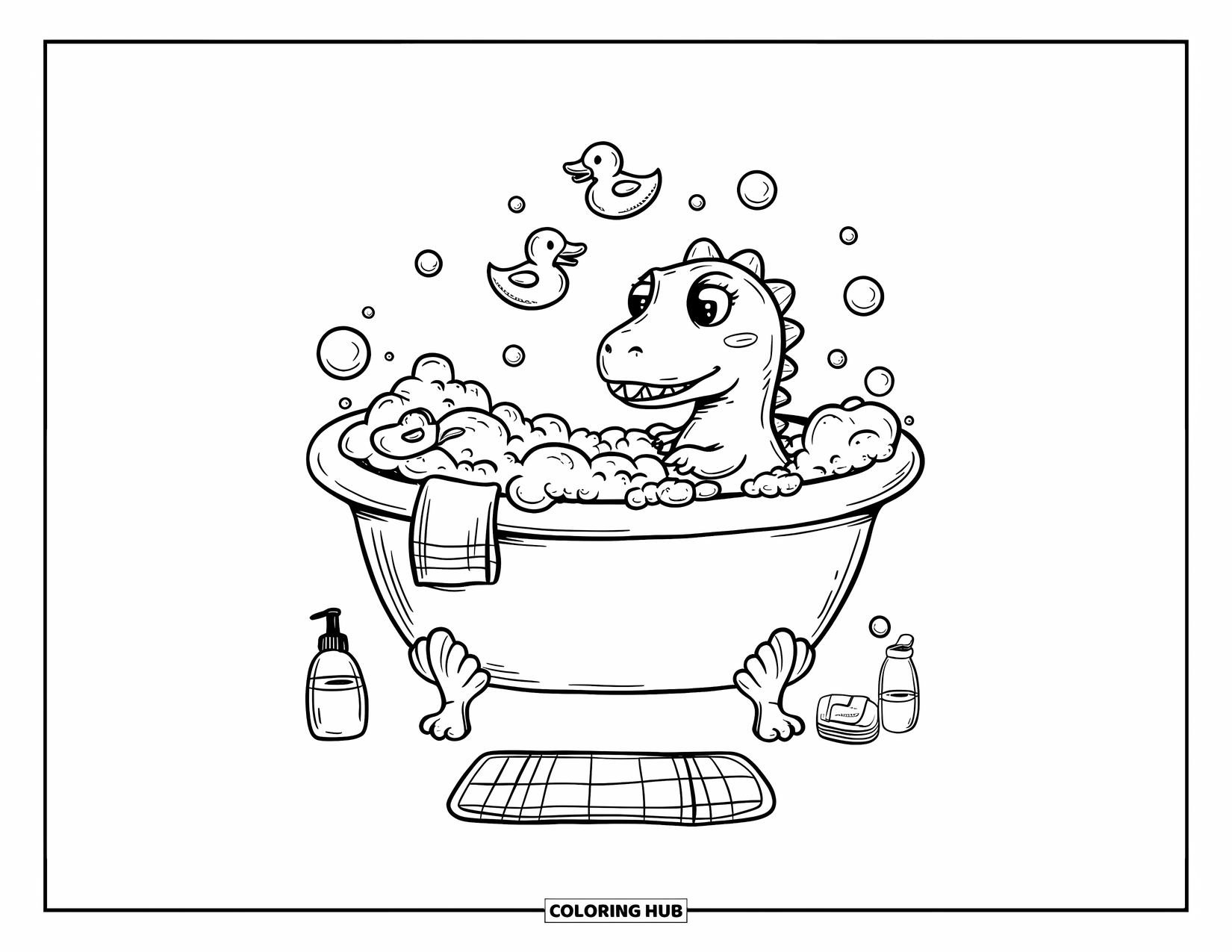 Dinosaur Coloring Page for Adults: A dino in a bathtub full of bubbles has a towel wrapped around its head