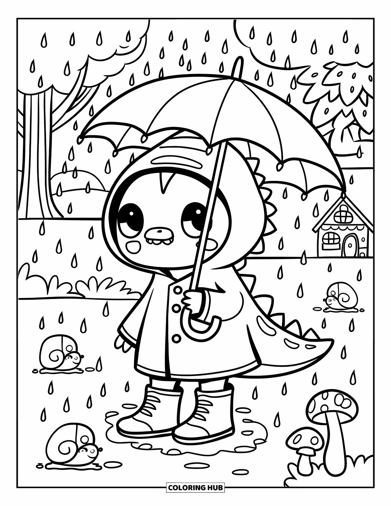 Dinosaur Coloring Page for Adults: A dino in a raincoat holds an umbrella near snails and mushrooms