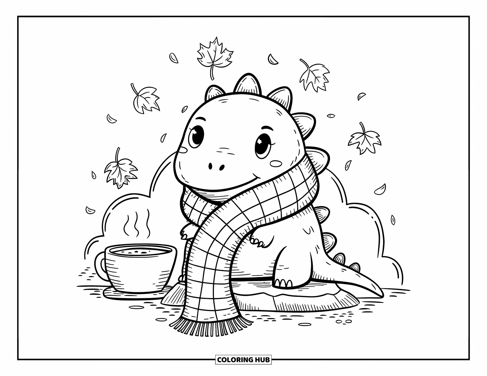 Dinosaur Coloring Page for Adults: A dino in a scarf sits with cocoa as autumn leaves float around